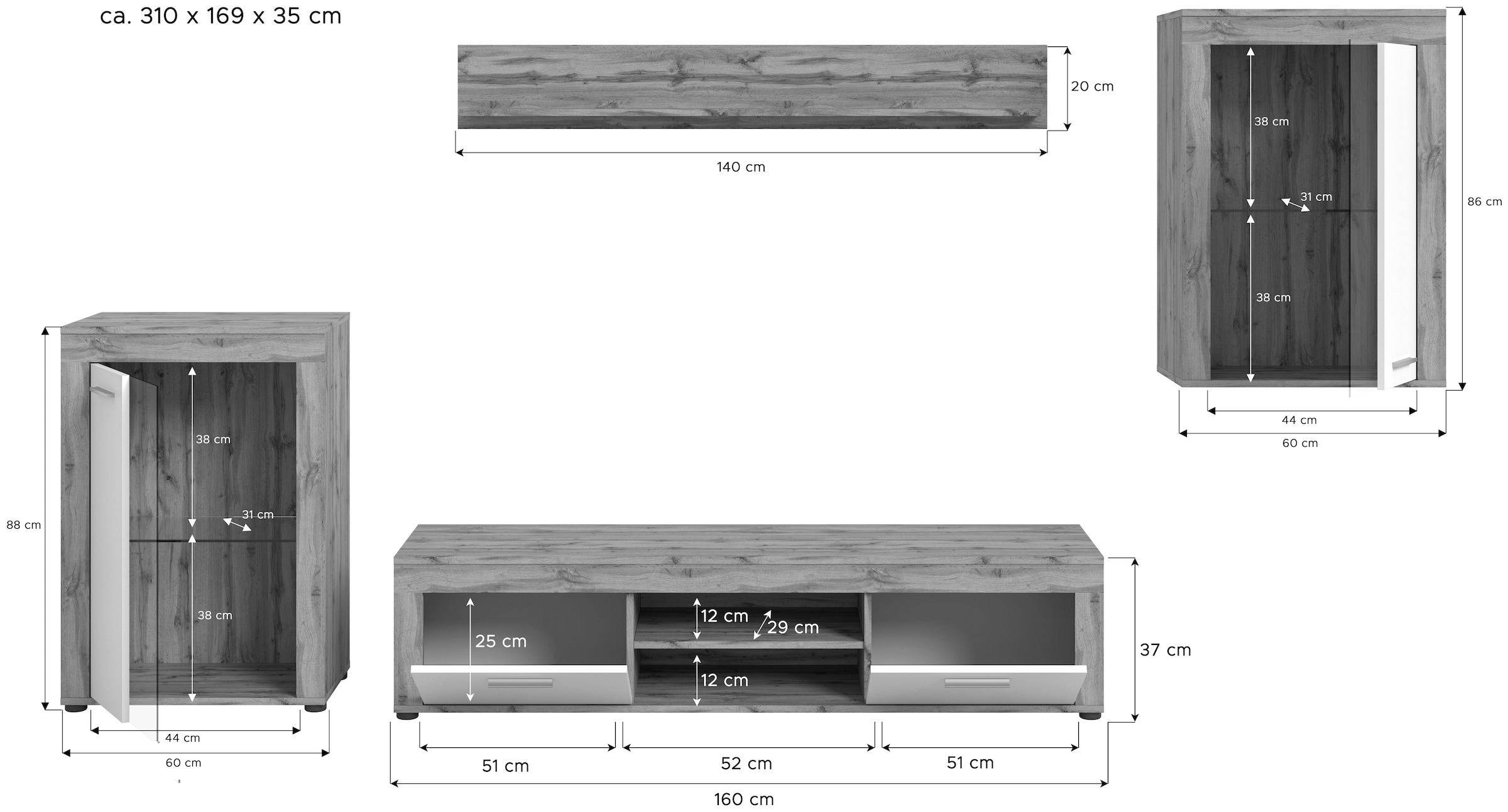 INOSIGN Wohnwand »Aosta,  4-tlg., bestehend aus: 2x Vitrine, Lowboard & Wandboard« 4 Stk. tlg.