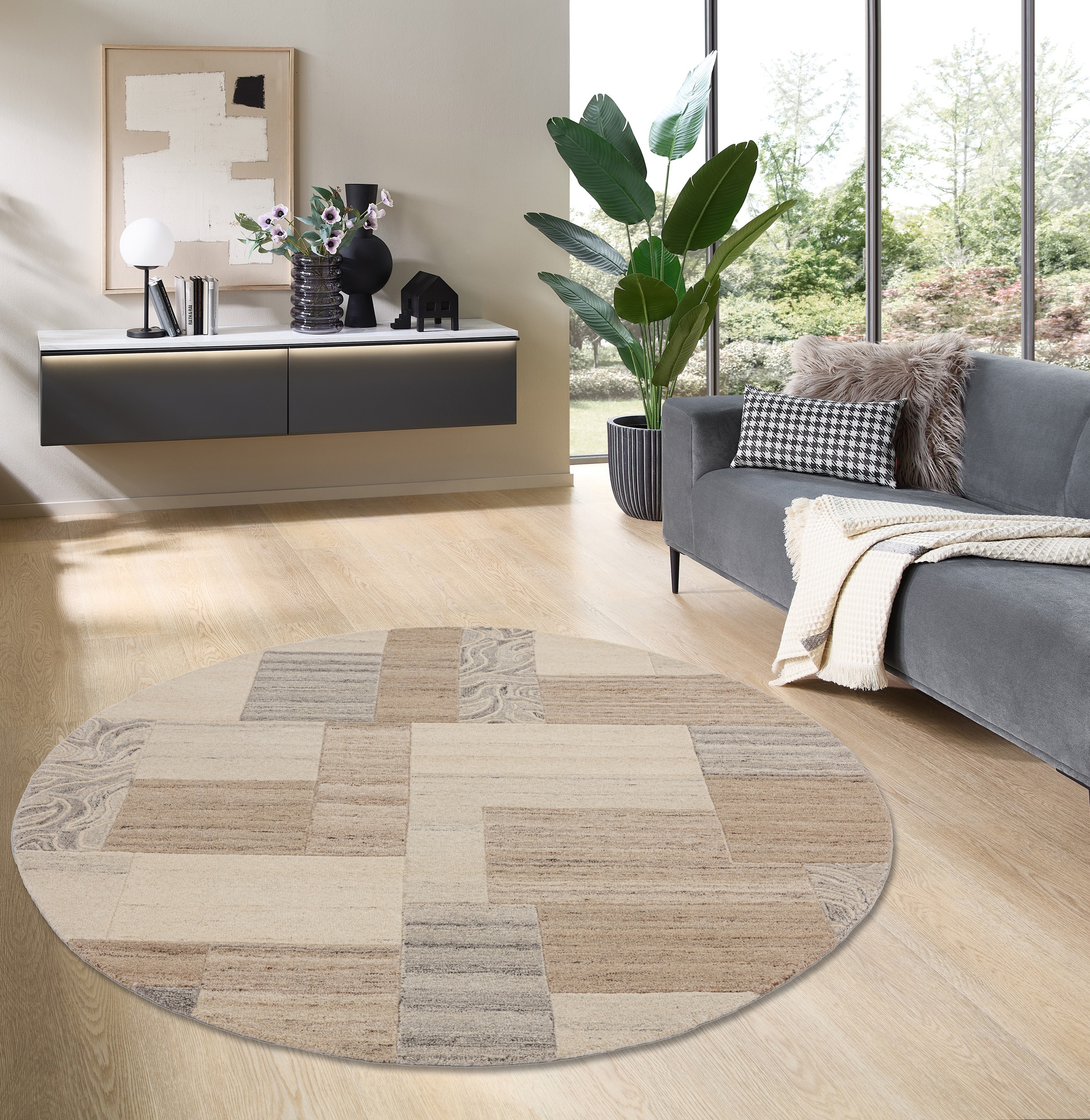 THEKO Tapis en laine »Lola,  Wolle, handgearbeitet, Patchwork Design« Rond 12 mm Höhe handgetuftet, Wohnzimmer, Schlafzimmer, Esszimmer