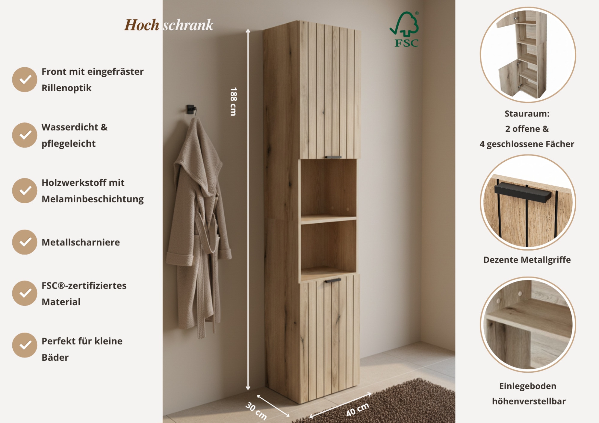 GOODproduct Hochschrank »Baltrum« 4 Stk. tlg. Breite 40 cm dekorative Lamellenoptik