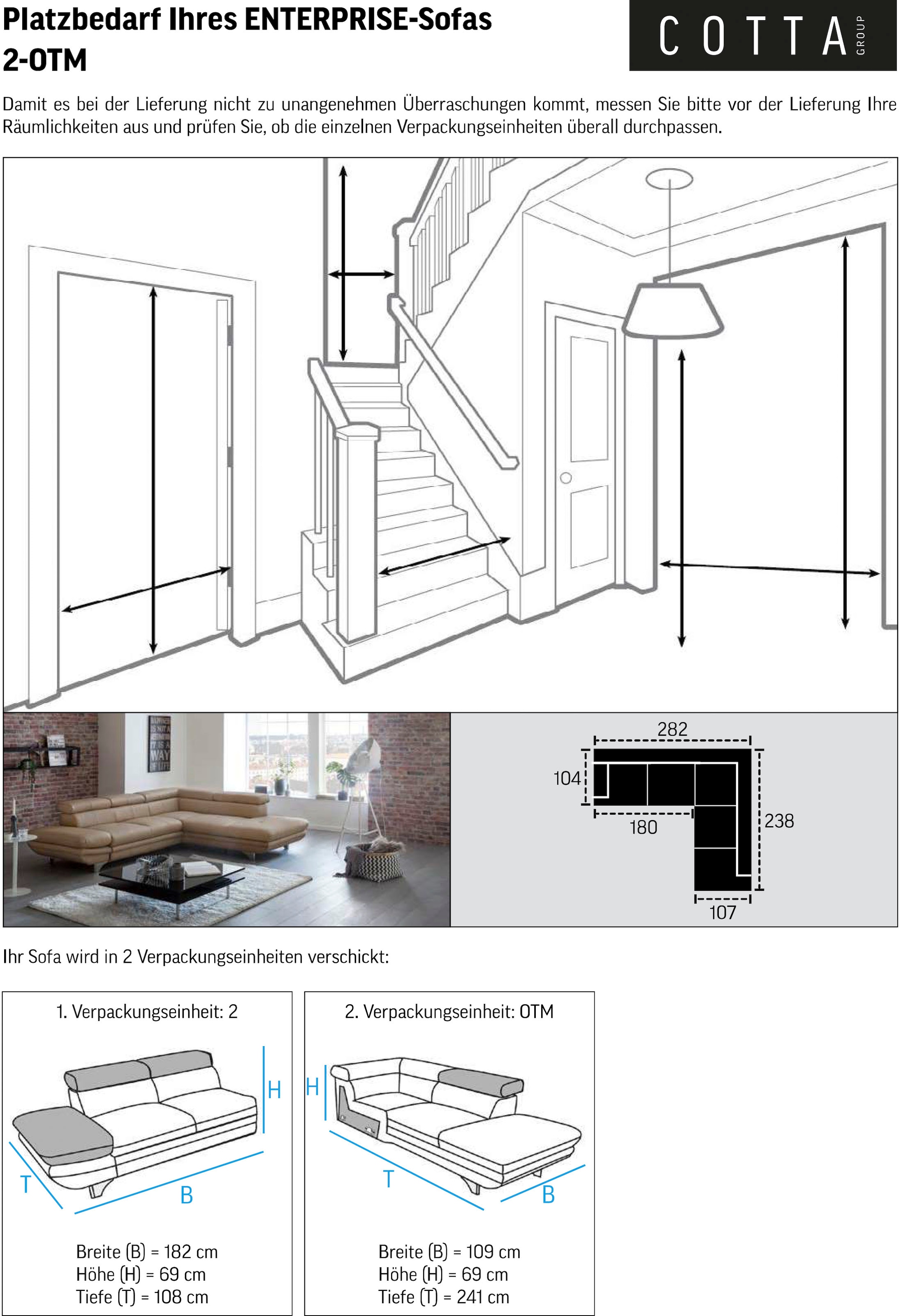 COTTA Ensemble rembourré »Enterprise L-Form« Set,  Set bestehend aus: Ecksofa mit Arm- & Kopfteilverstellung & Hocker