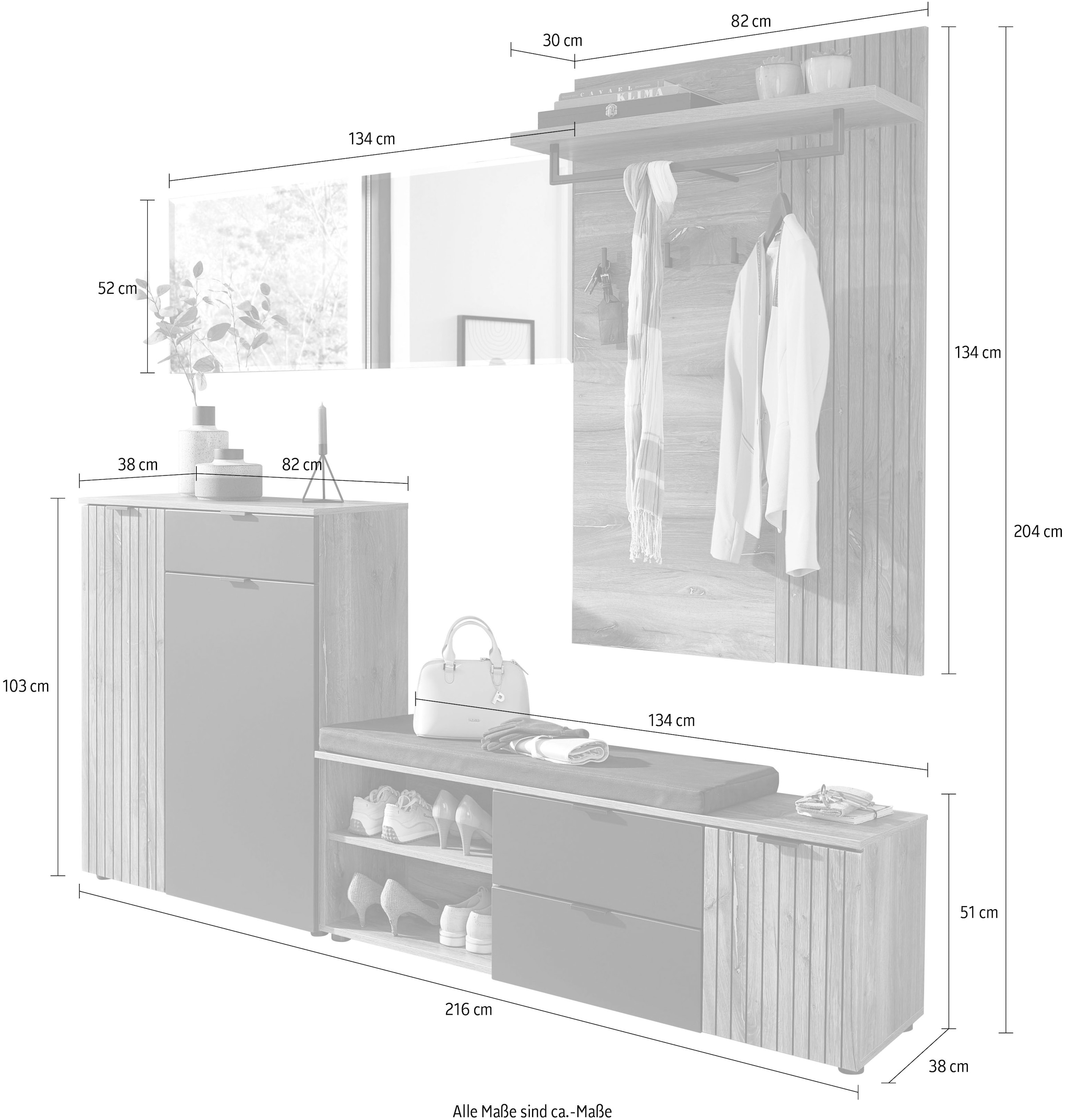 Innostyle Garderoben-Set »LINEA Garderoben Set,besteht aus 4 Typen, 216x204x38cm (B/H/T)« 4 Stk. tlg.