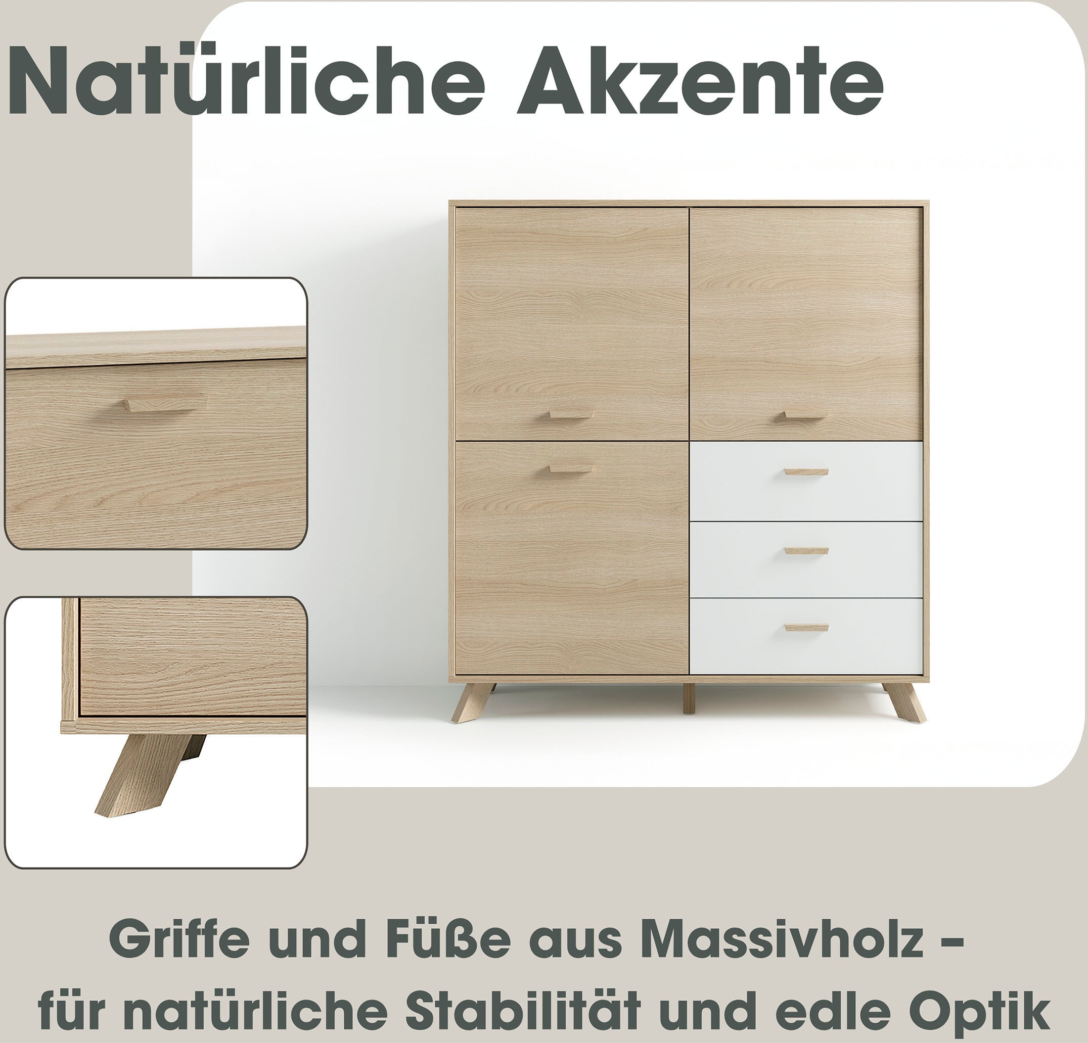 byLIVING Buffet haut »Bastian« 1 cuis tlg. mit massiven Holzfüssen und Griffen, natürlicher Eichenlook, 120cm