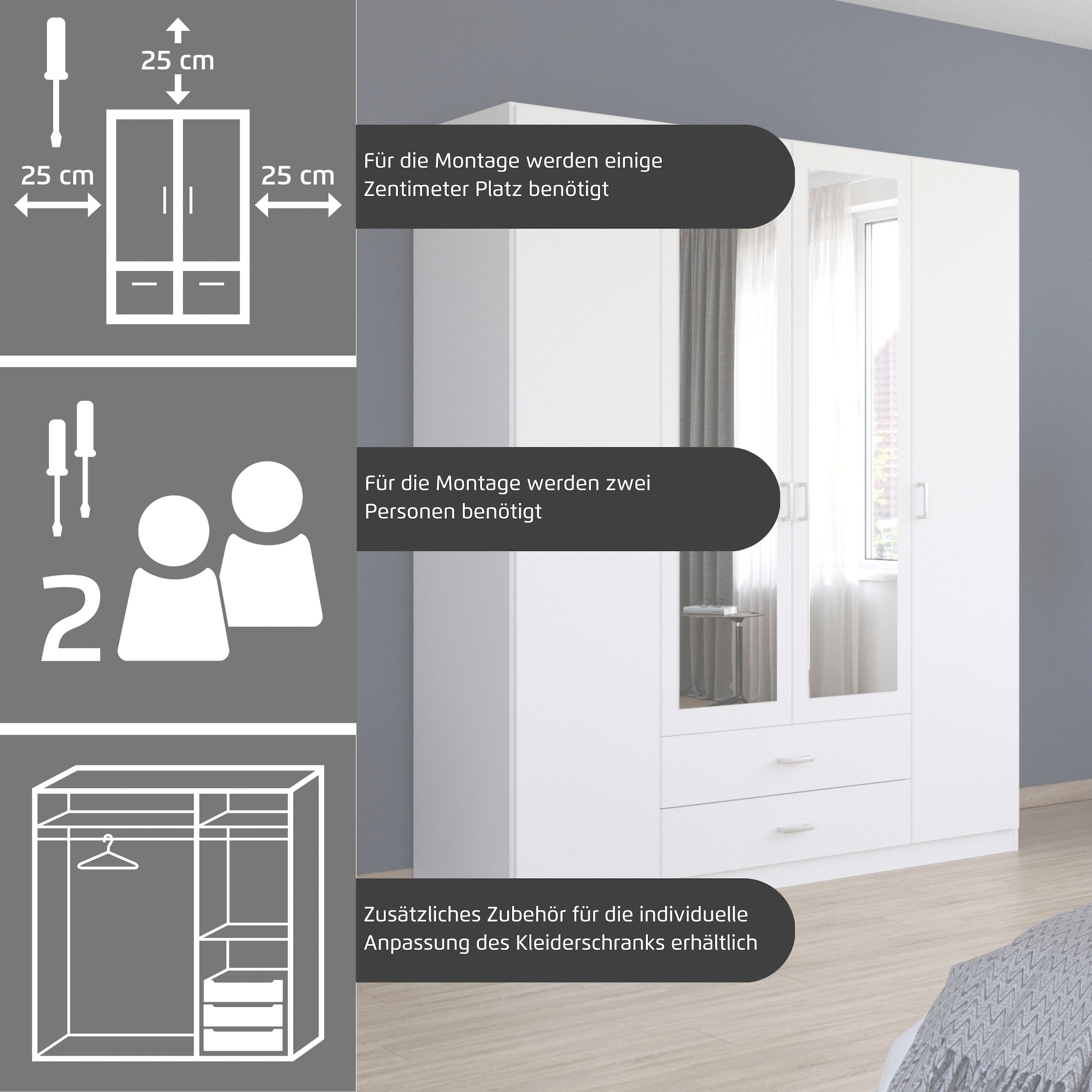 rauch Kleiderschrank »Schrank Garderobe Ankleide GAMMA Breiten 91/136/181/226/271/315/360 cm« in 3 Ausstattungen BASIC/CLASSIC/PREMIUM (inkl. SOFT-CLOSE-Funktion),  verschiedene Griff-Varianten, mit Spiegel TOPSELLER MADE IN GERMANY