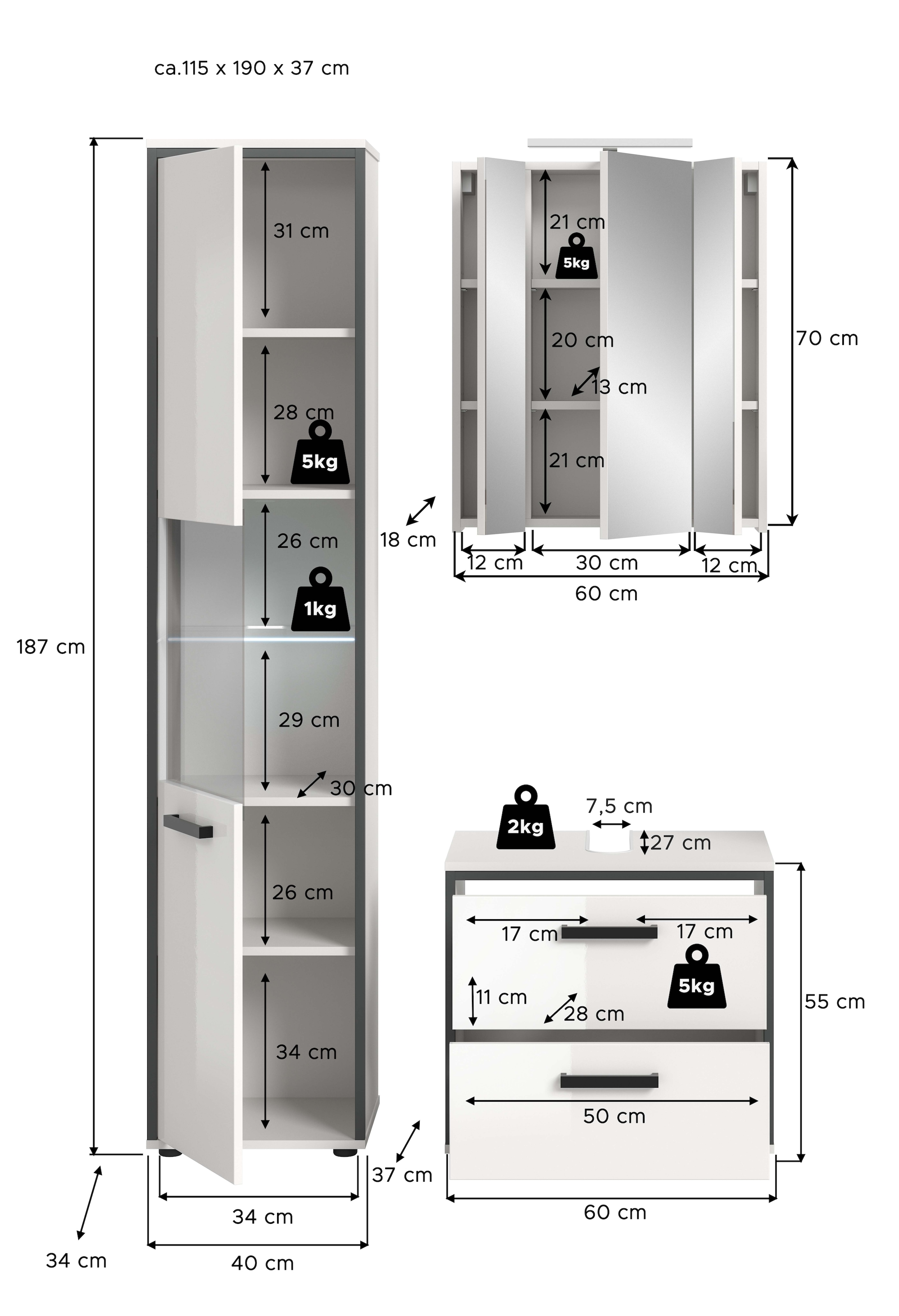 welltime Ensemble de meubles de salle de bain »KAJO, 3-tlg. Badkombination, weiss hochglanz, inkl. Beleuchtung« Set, Set, best. aus: Hochschrank, WBU, Spiegelschrank, Beleuchtung, 5 cuis tlg.