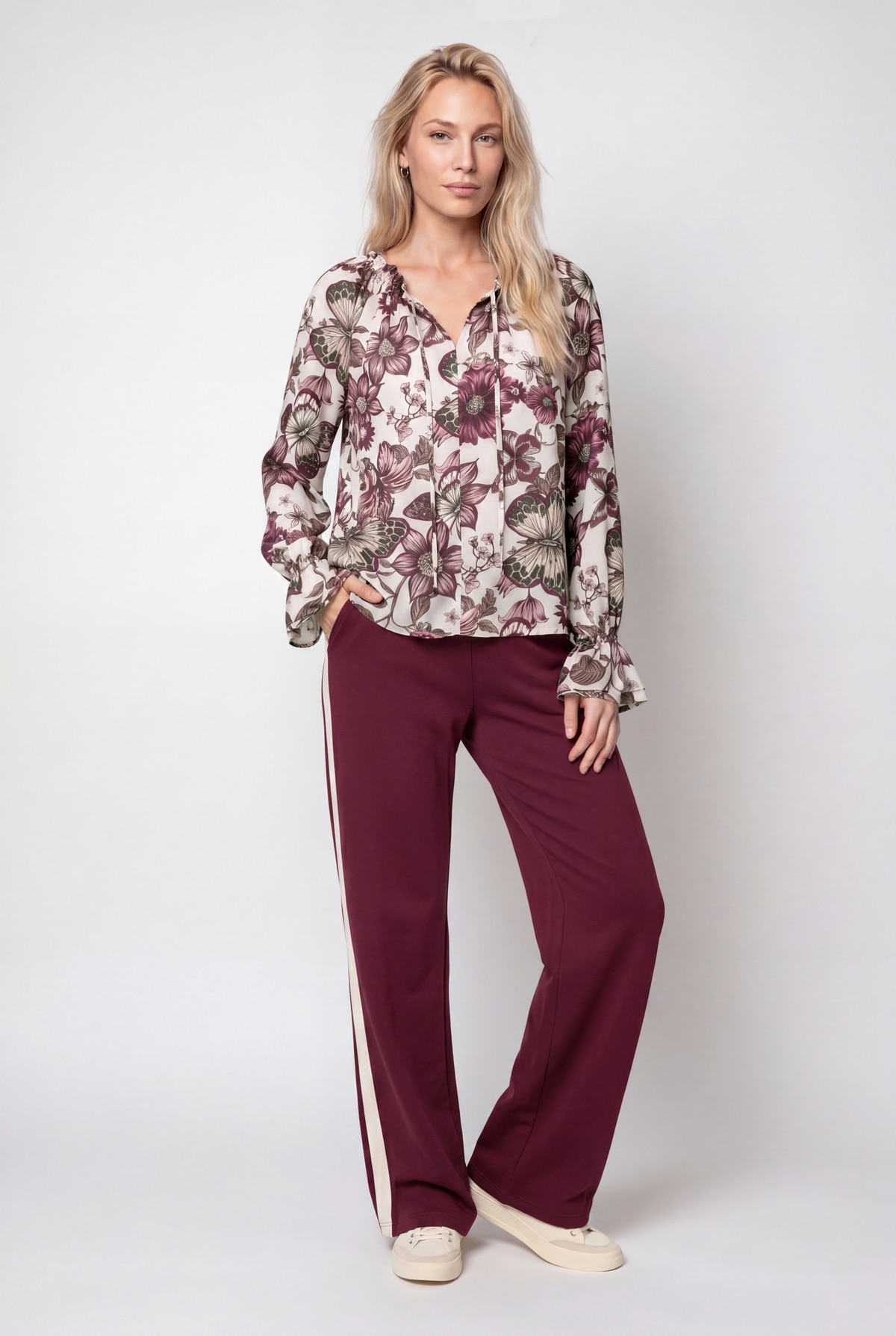 Monari Langarmbluse »Bluse Blume allover« Regular fit mit Raffungen