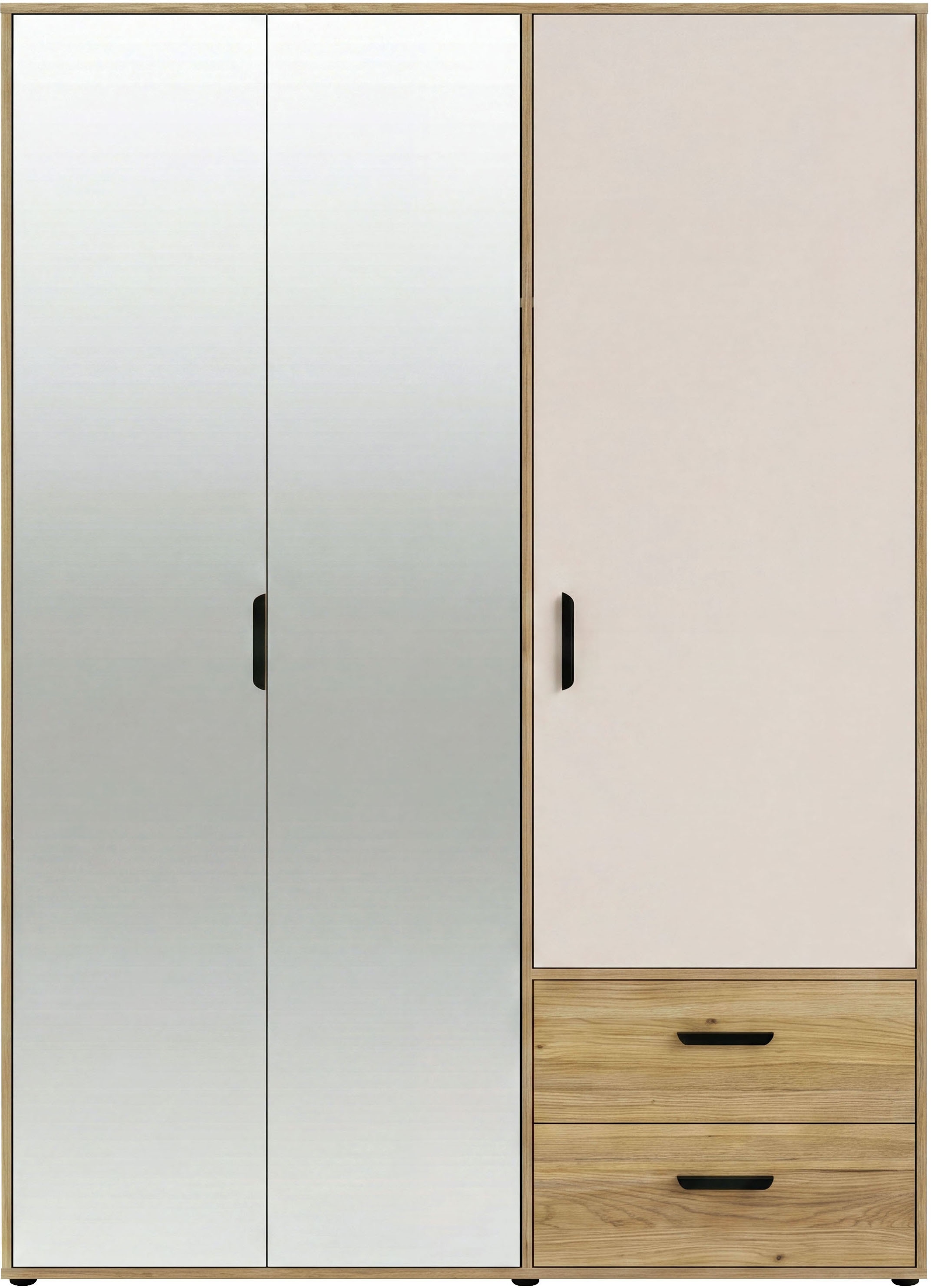 GOODproduct Kleiderschrank »AALOX, Spiegel, 3 Türen, 2 Schubladen, viel Stauraum, schwarze Griffe« Schrank ca. 140 bis 150 cm breit, schwarze Griffe, zeitloses Design
