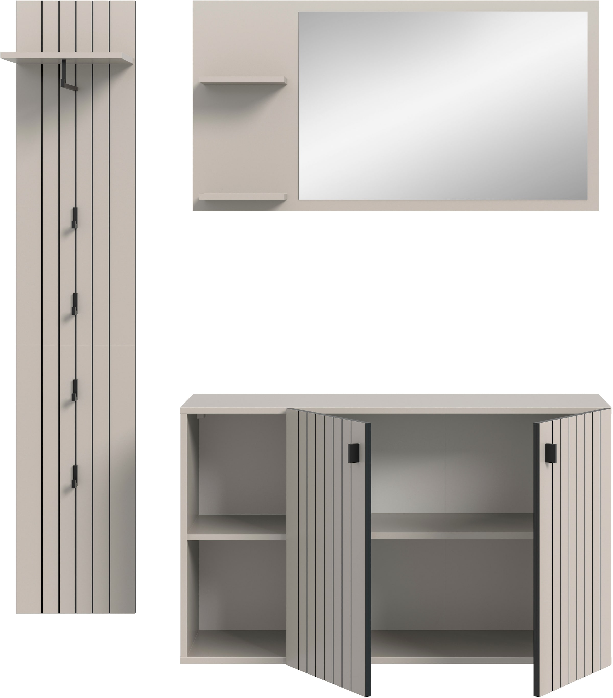 Home affaire Garderoben-Set »TATIO, 3-tlg. Garderobenkombination, Breite: 152 cm Rillenfräsung« Set, Set, best. aus: 1 Spiegel, 1 Garderobenpaneel, 1 Schuhkommode, 3 Stk. tlg.