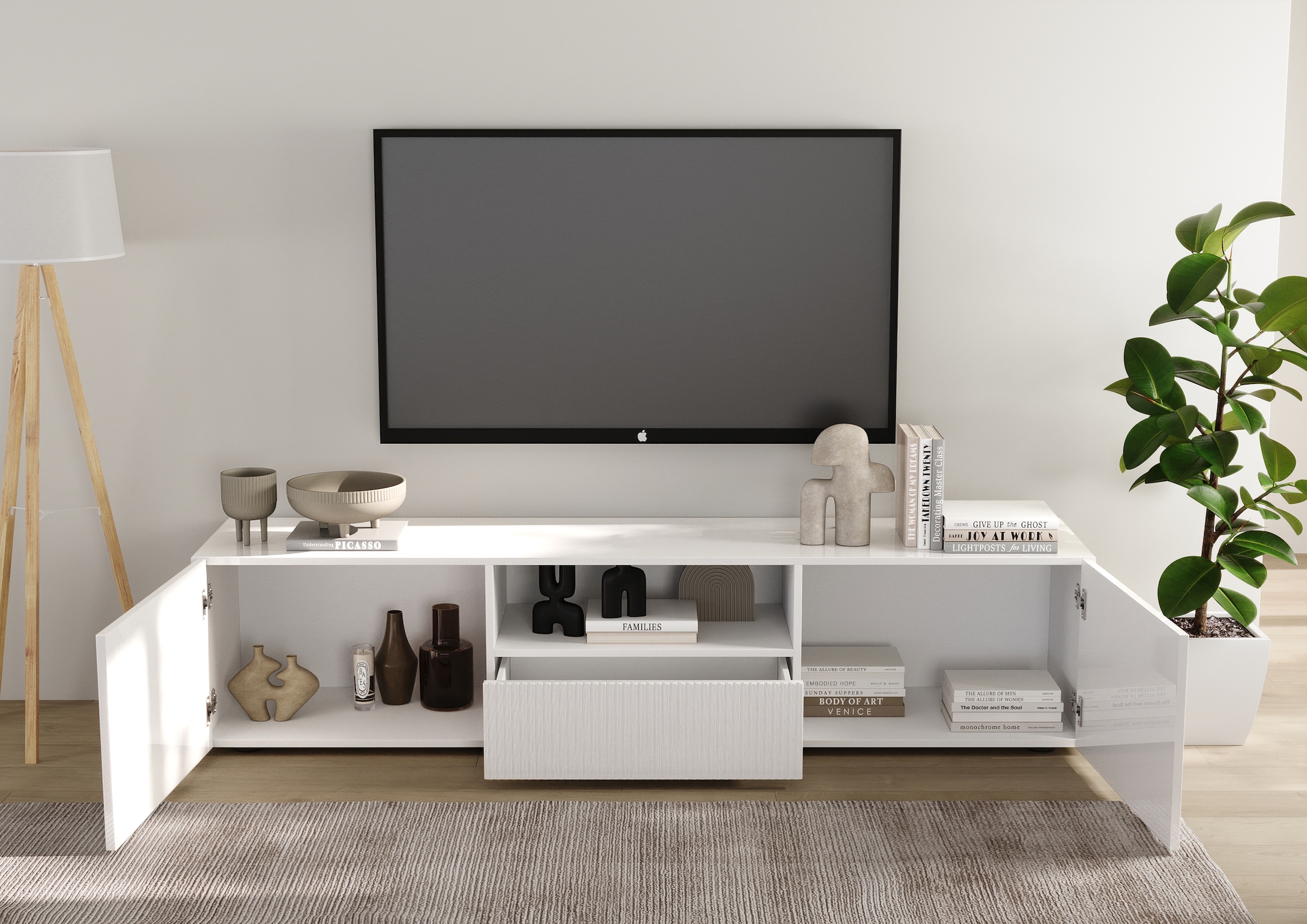 Home affaire Lowboard »Rio Breite 181 cm, TV-Board 2 Türen u. 1 Schubkasten, TV-Schrank« geriffelte MDF-Fronten, modern u. elegant, Kabelführung, viel Stauraum