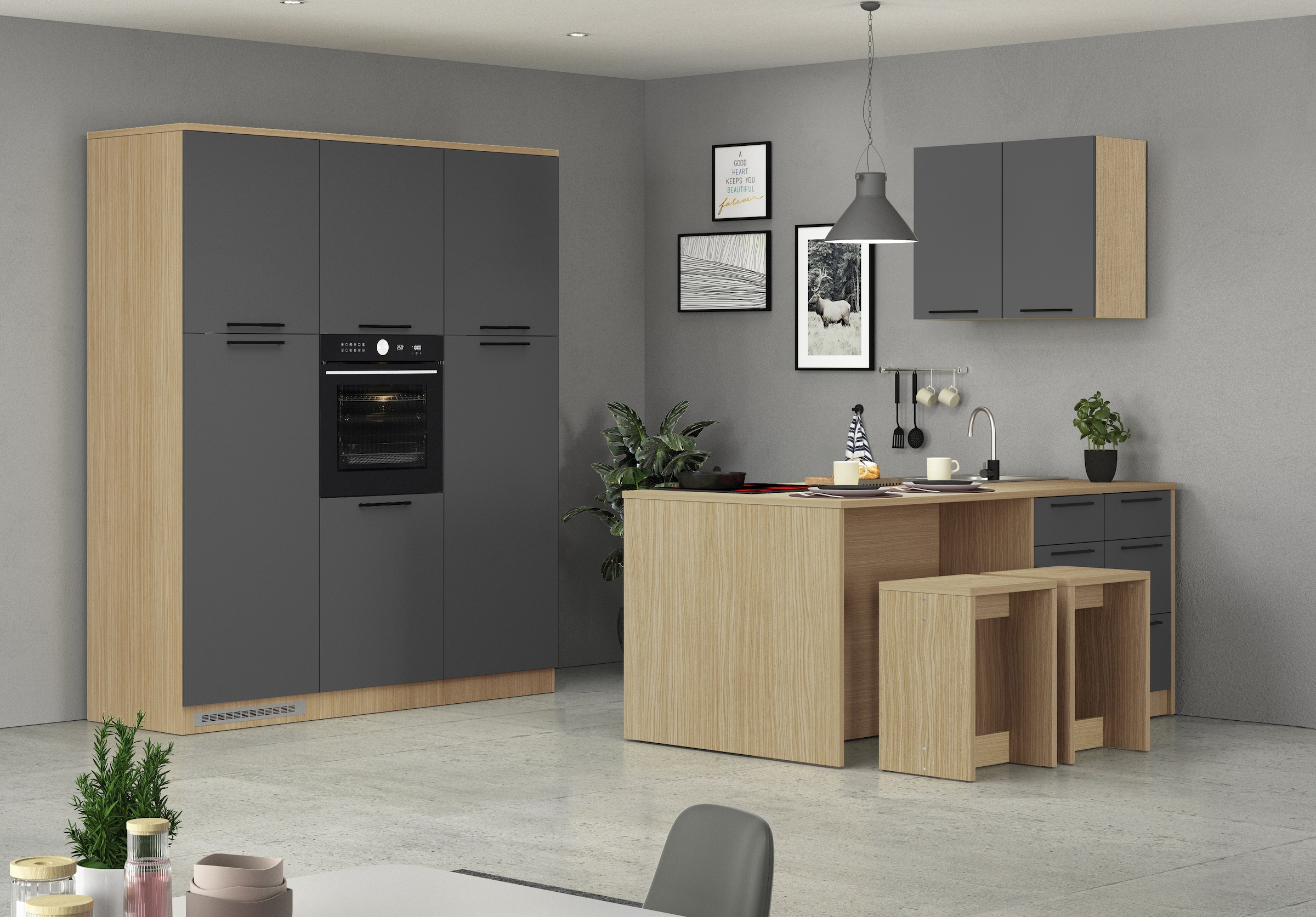 KOCHSTATION Kitchenette »Luna, Küchenblock, Kücheninsel, Hängeschrank, Made in Italy« 3er-Set, Metallgriffe, Soft-Close-Funktion, inklusive Spüle