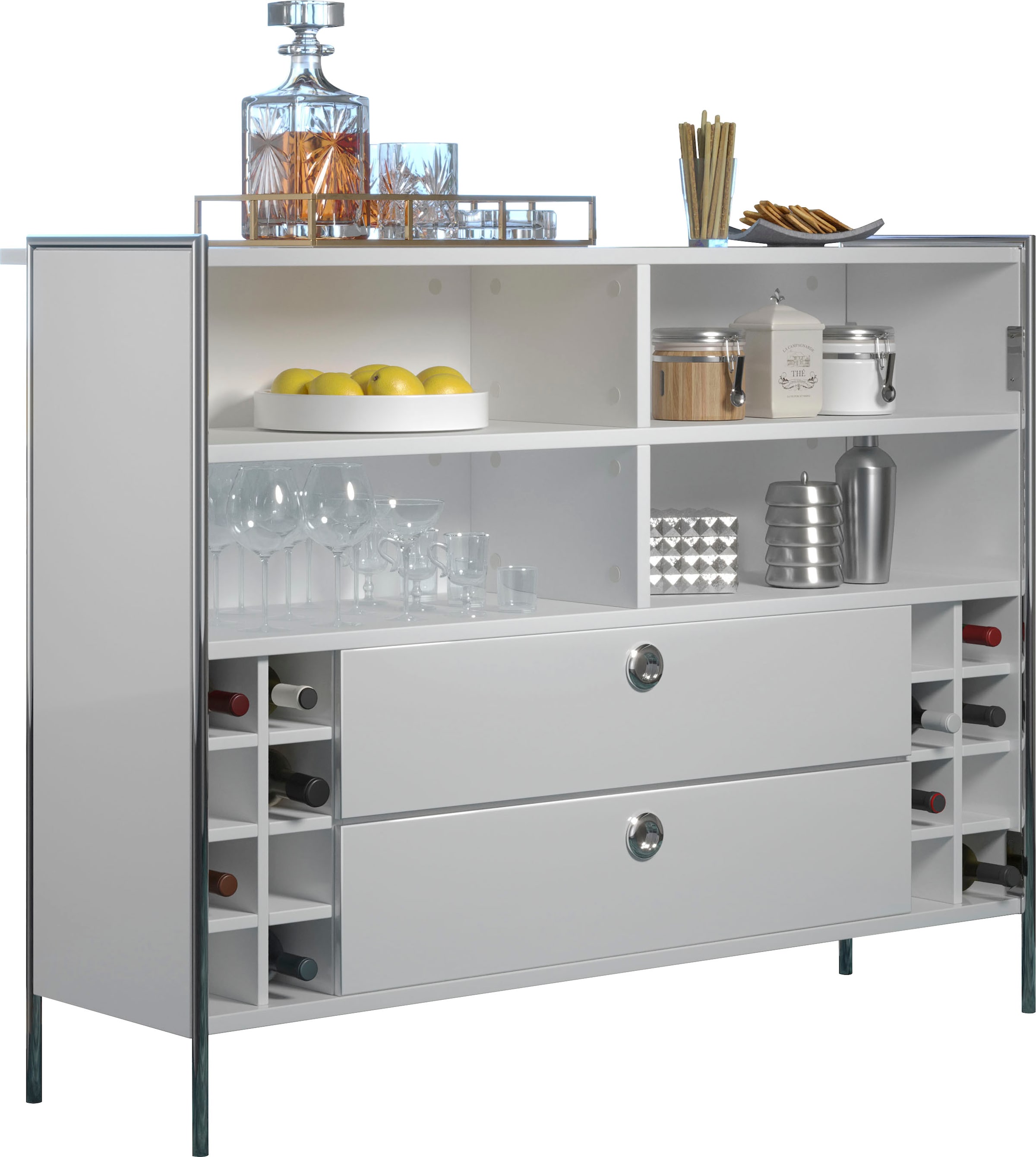 PLACES OF STYLE Tresentisch »Imperia« Mobile Bar mit Chromrahmen, viel Stauraum - (B/T/H) 140/48/109 cm