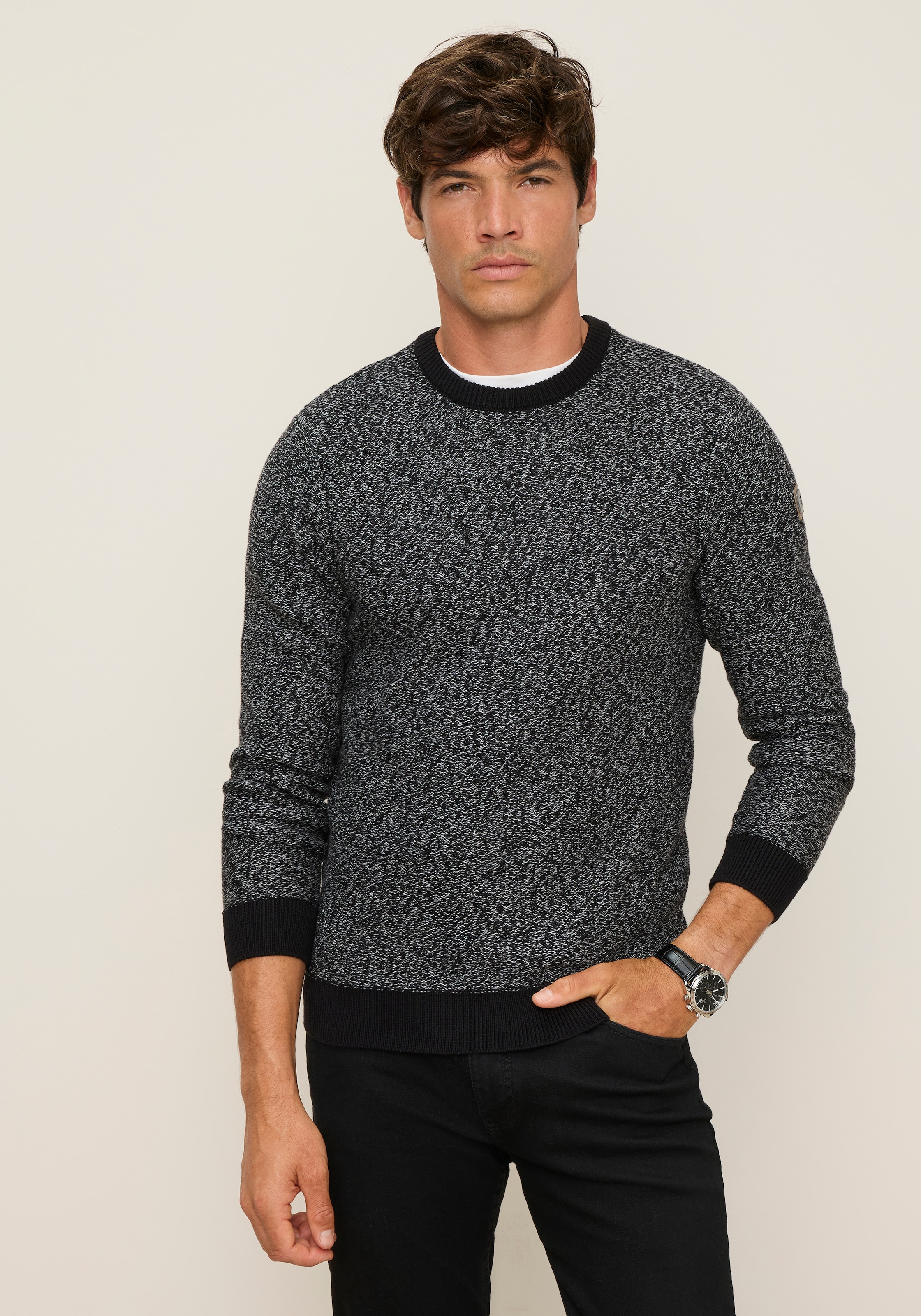 Man's World Pull à col rond »Neue Kollektion! Highlight Strukturqualität« avec bord-côte au col, matière tricotée, aspect chiné