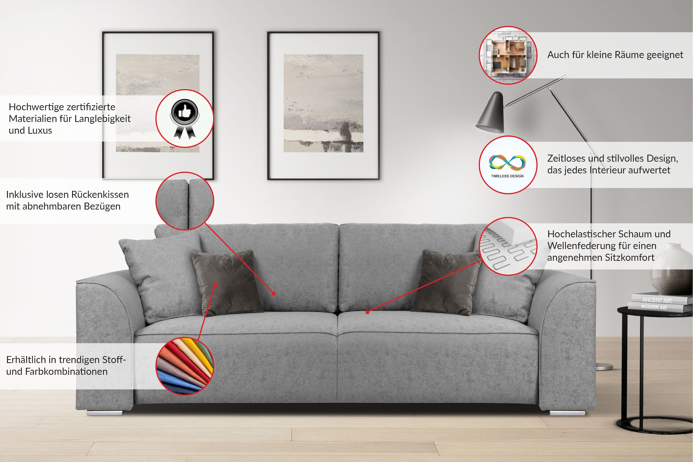 GOODproduct 3-places »BEATRICE, B: 250 cm - wahlweise mit Bettfunktion« u. Bettkasten, incl. 2 Zierkissen