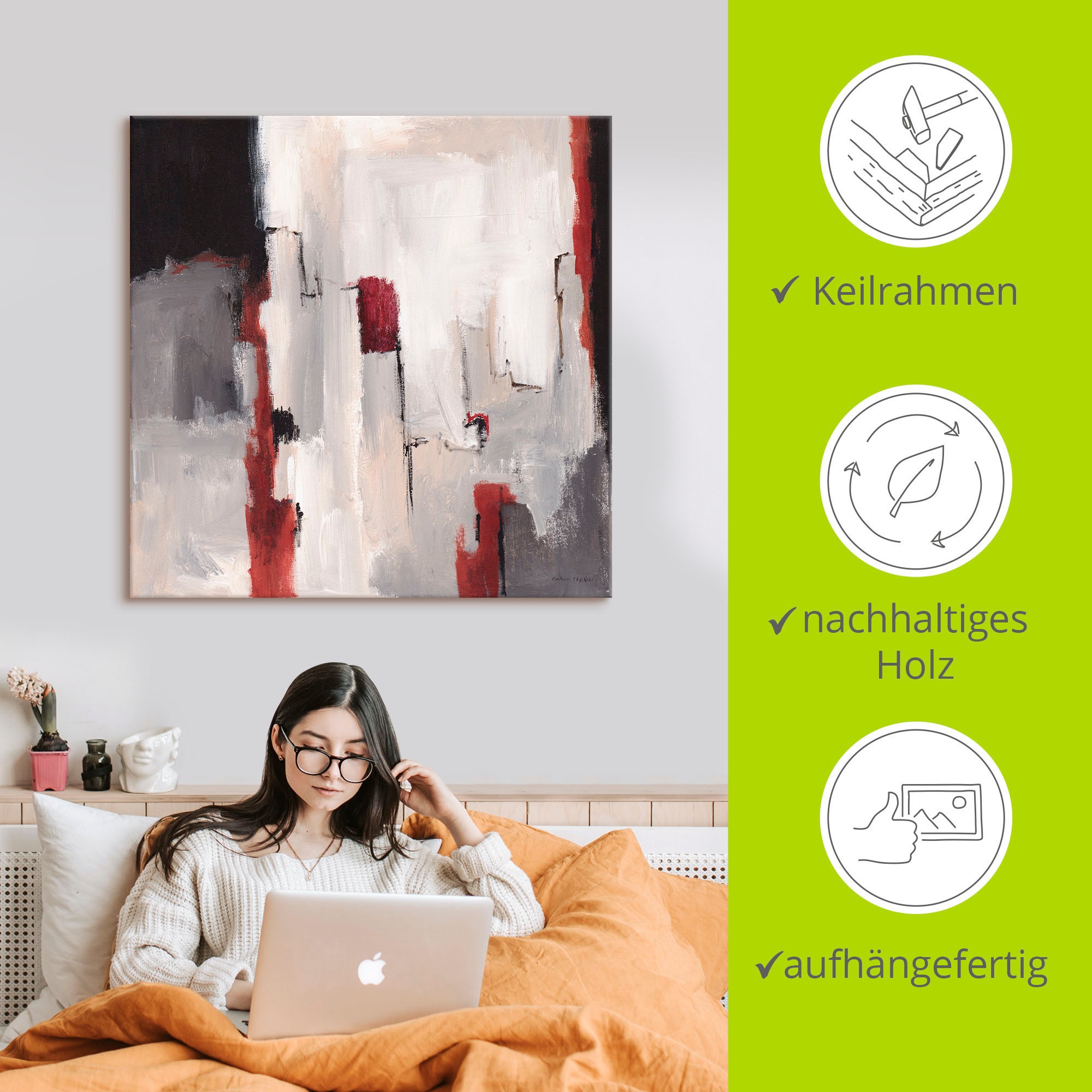 Artland Tableau sur toile »Rot an Grau II« Sans objet 1 cuis tlg. tendu sur cadre en bois