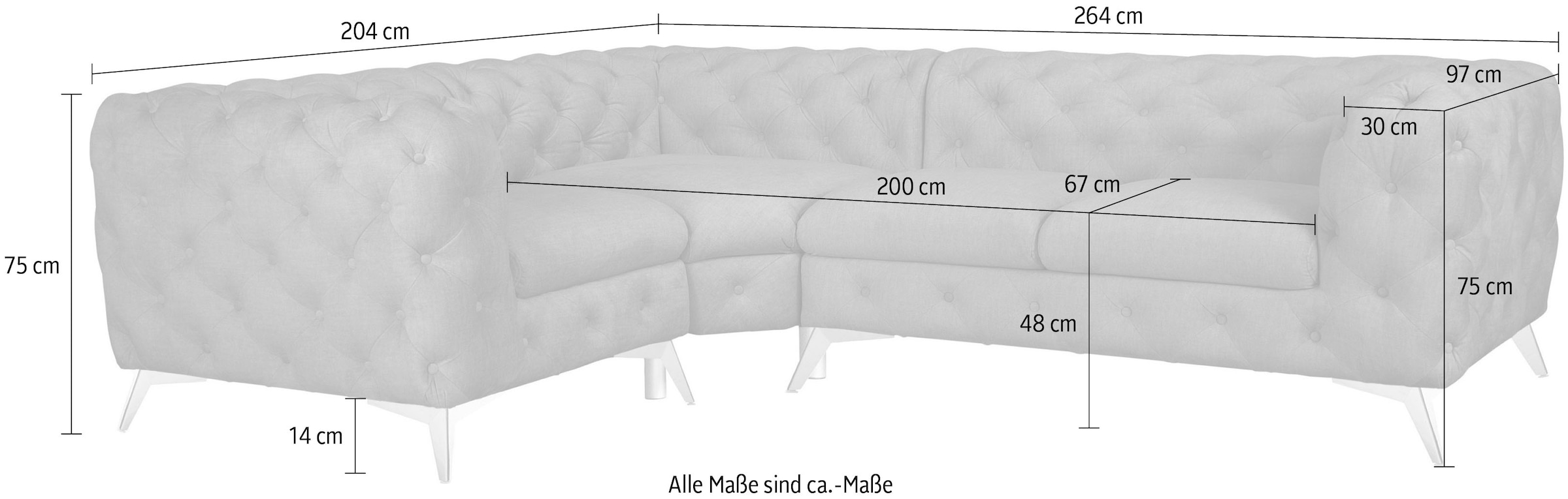 Home affaire Canapé Chesterfield »Ecksofa GLYNIS L-Form mit Wellenunterfederung, Masse B/T/H 264/204/75cm« aufwändige Knopfheftung, moderne Chesterfield Optik, Fussfarbe wählbar