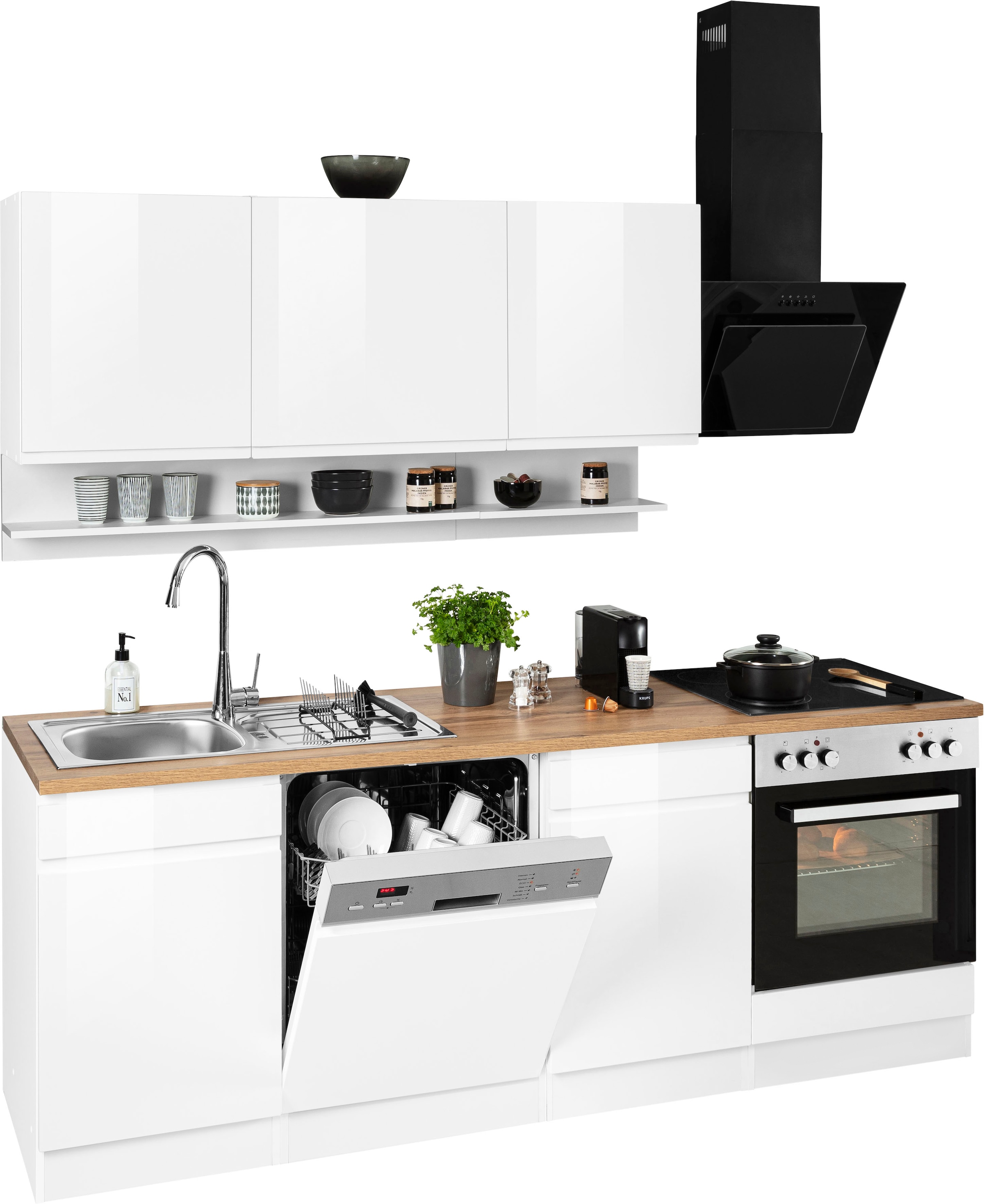 KOCHSTATION Kitchenette »KS-Virginia,neu in verbesserter Ausführung« plan de travail épaisseur 38 mm, rangement, fermeture douce,  largeur 220 cm, soft-close, avec appareils électroménagers en option