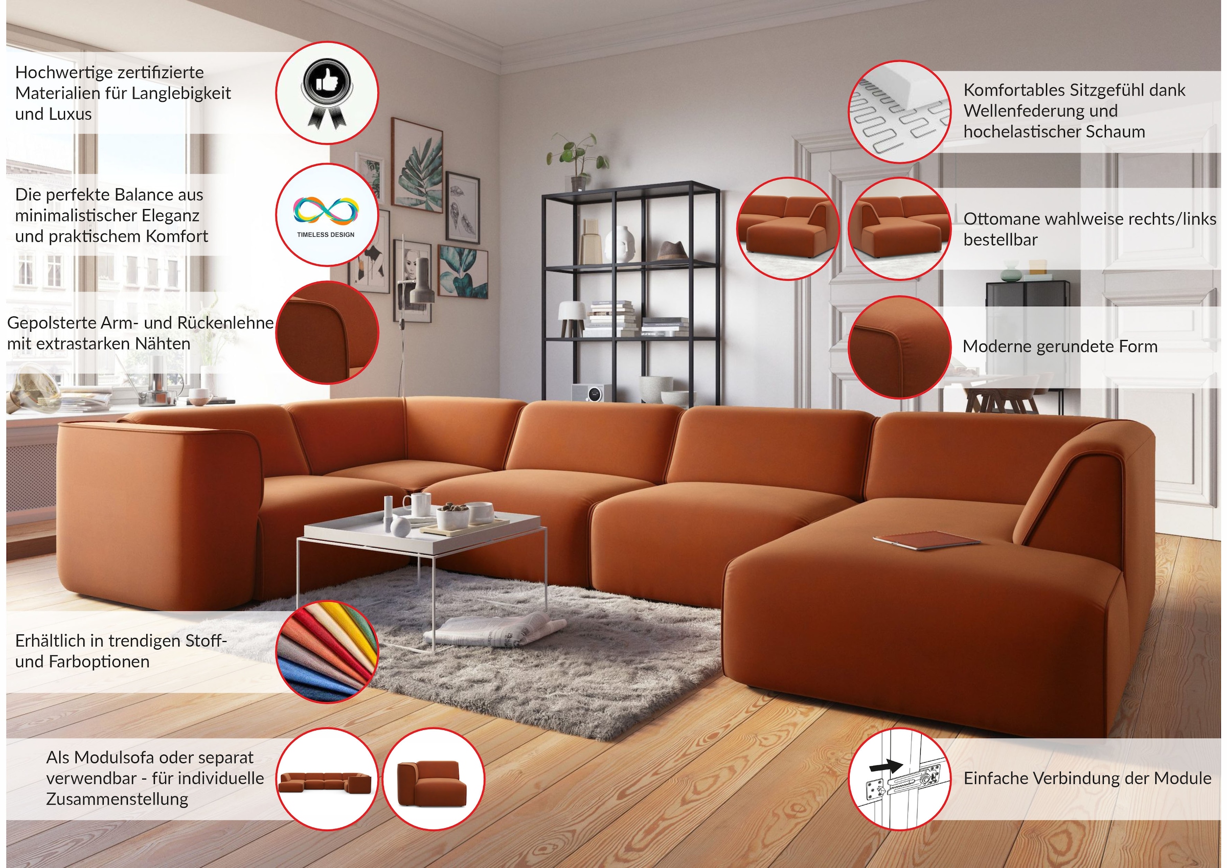 RAUM.ID Wohnlandschaft »Merid U-Form, jederzeit durch Module erweiterbar, B/T/H: 367/206/70 cm« als Modul oder separat verwendbar, für individuelle Zusammenstellung