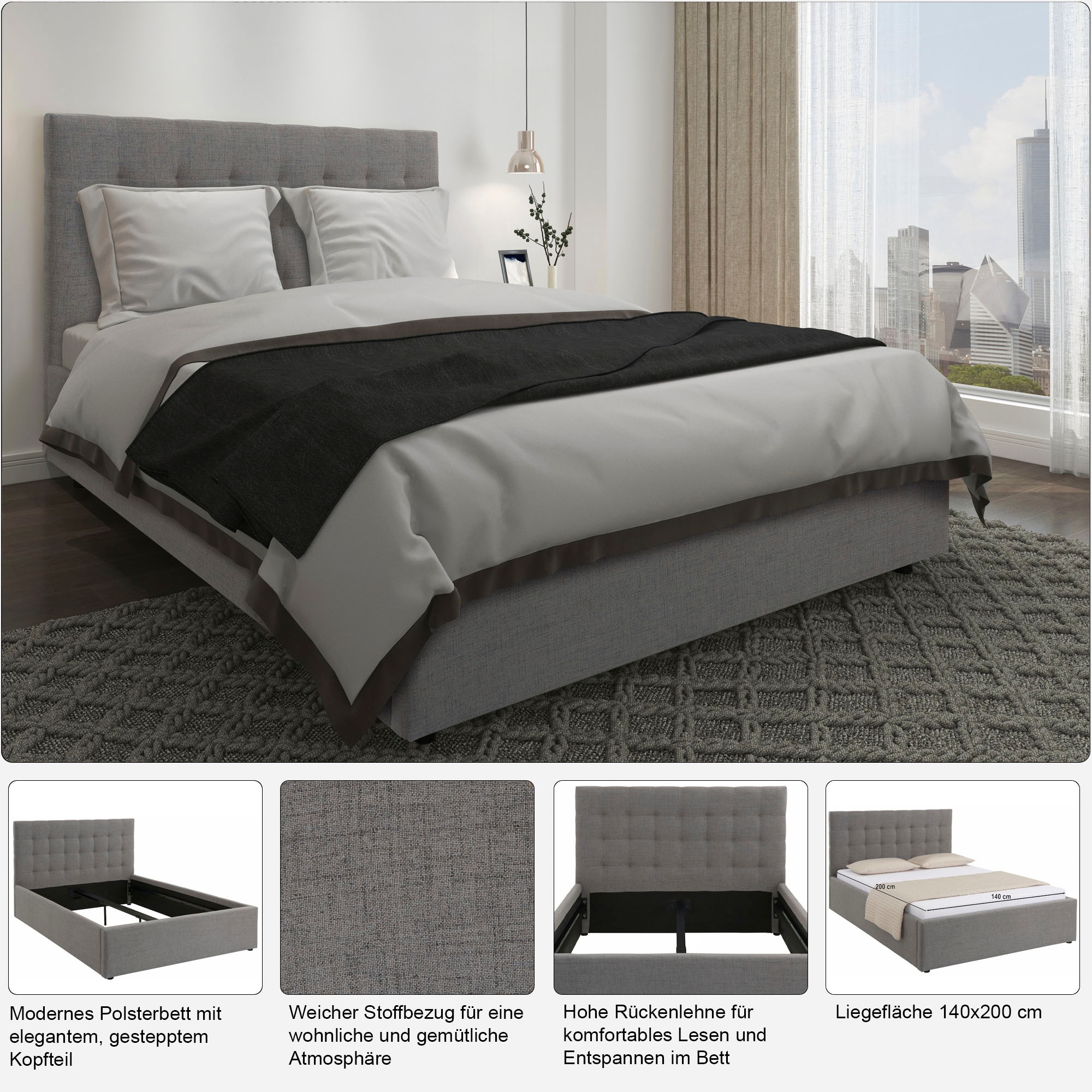 GOODproduct Lit rembourré »Hamar, Knopfsteppung im Kopfteil, bis 250 KG belastbar« 3 largeurs : 100 cm / 140 cm / 180 cm,  en différentes tailles, tissus et couleurs