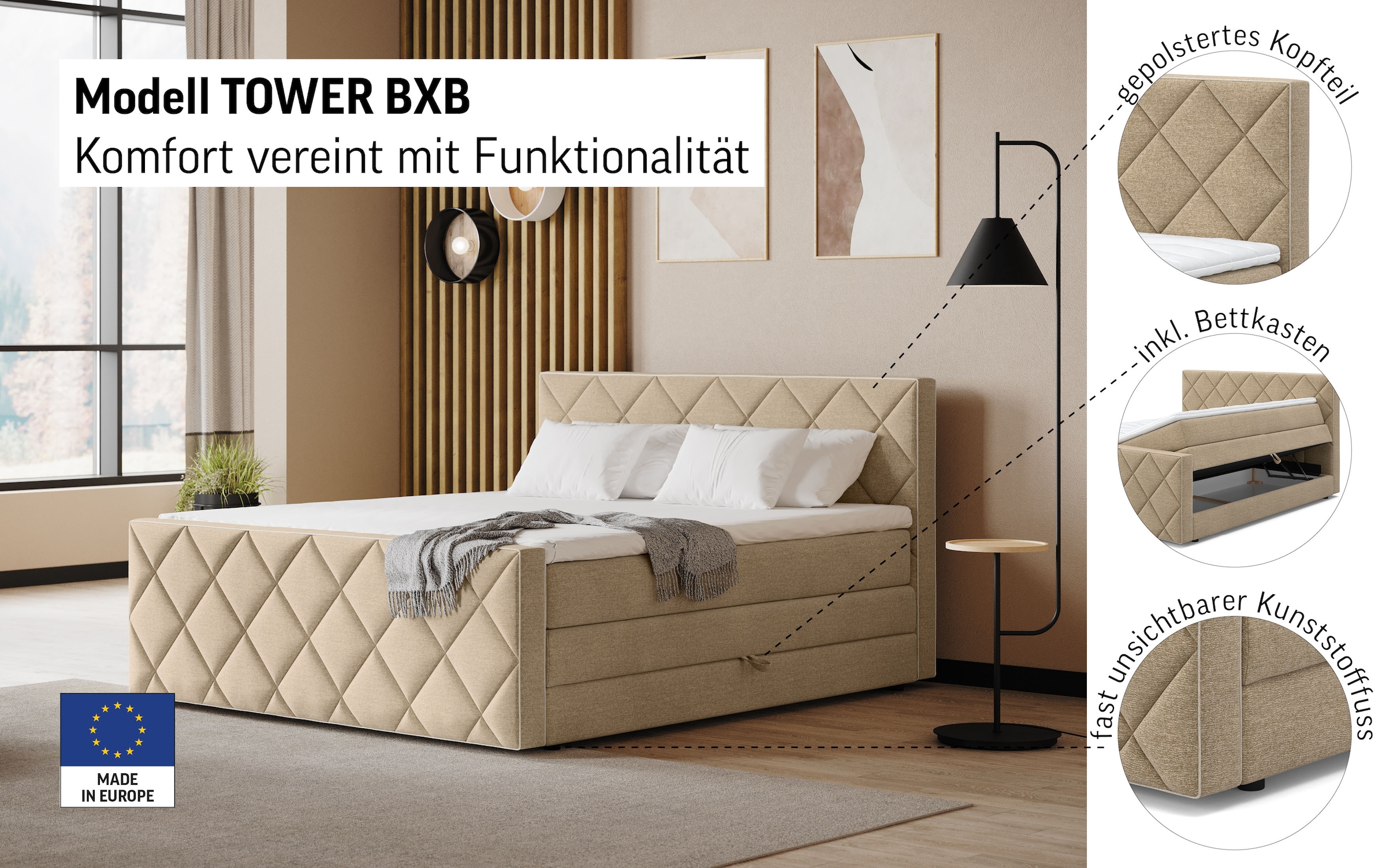 COTTA Lit boxspring »Tower inkl. Bettkasten, mit Keder in abgesetzter Farbe« in verschiedenen Breiten, Härtegraden und Farben erhältlich