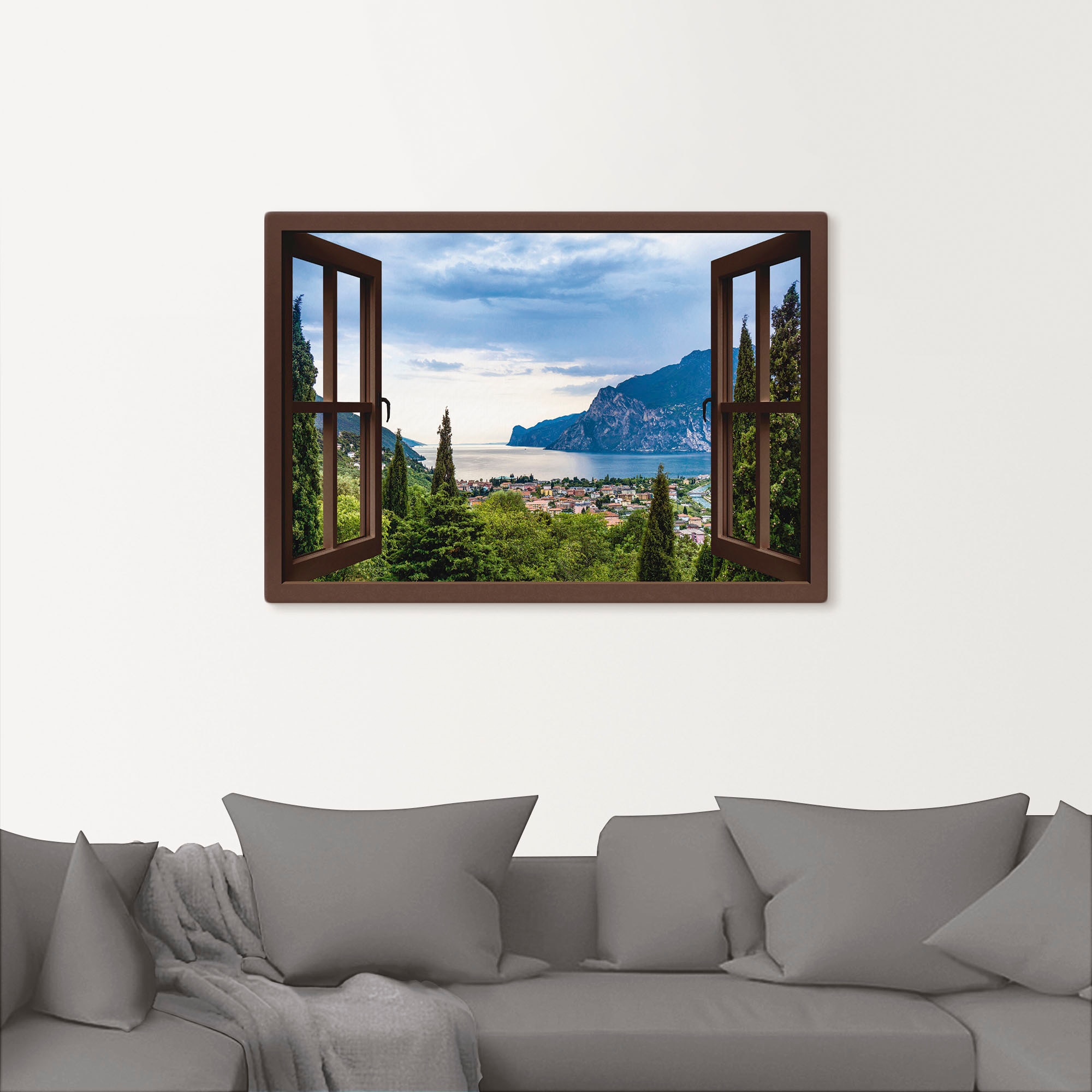 Artland Fresque murale »Gardasee durchs braune Fenster« Images marines 1 cuis tlg. en aluminium, tableau sur toile en différentes tailles