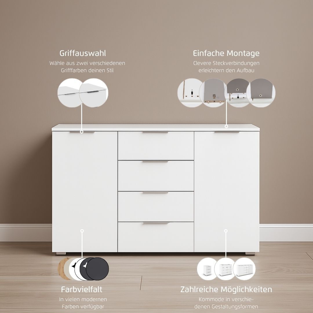 GOODproduct Kombikommode »Sideboard Schubladenkommode AGORDO mit Dekor- oder Hochglanzfront« in zwei Griff-Farben, Breite 120 cm,  vier grosse Schubladen, mit insgesamt 4 Einlegeböden MADE IN GERMANY