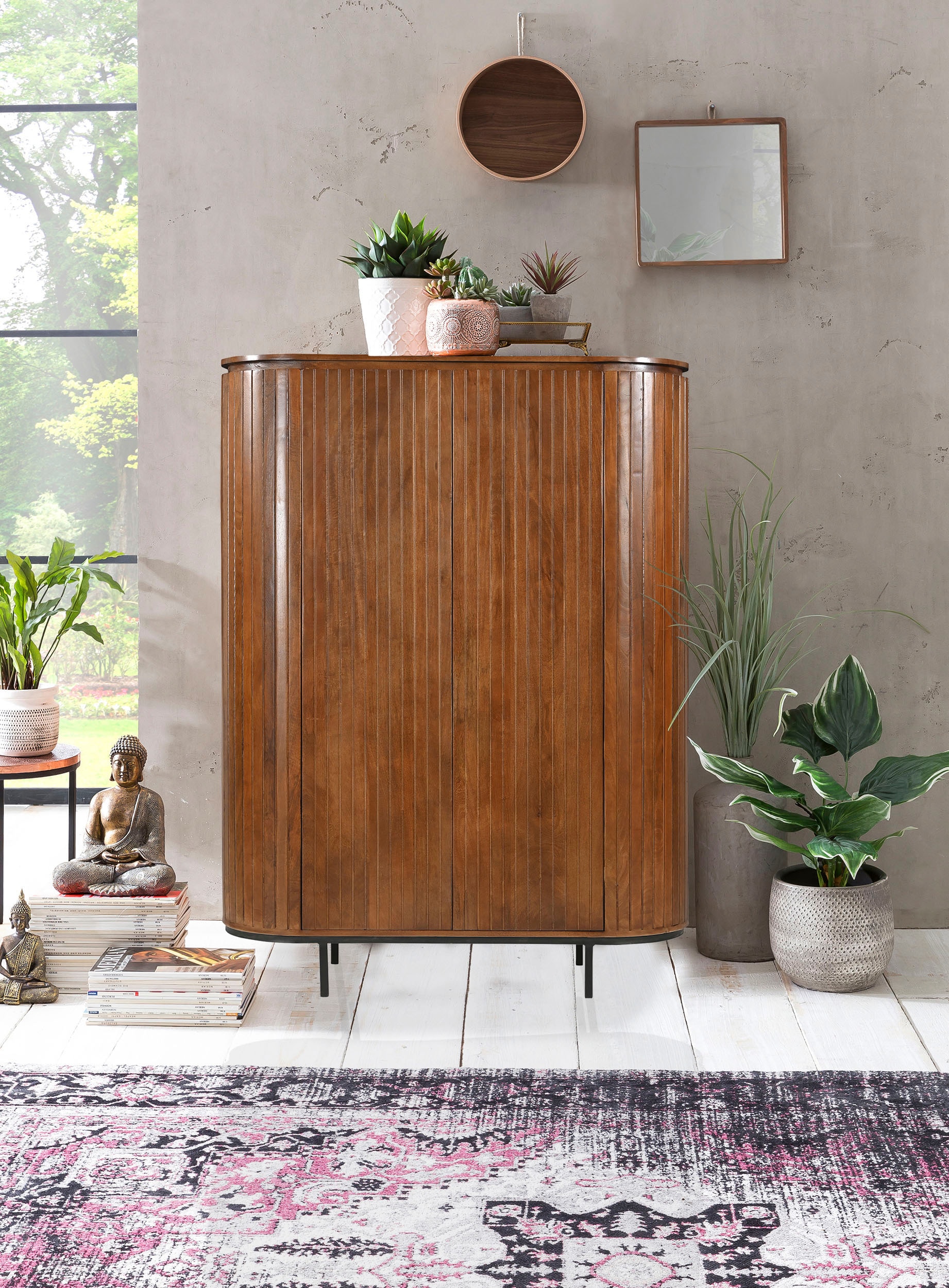 SIT Buffet haut »Aberdeen aus massivem Mangoholz mit Lamellenfront & 2 Türen« 1 cuis tlg. Façade lamellée en bois de manguier & pieds en métal noir