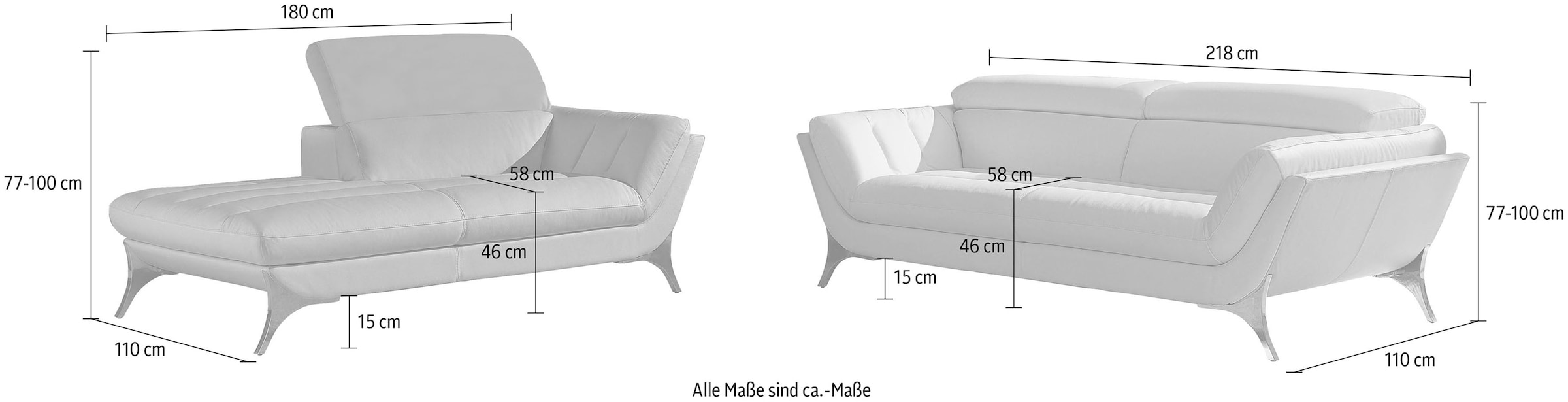 Egoitaliano Polstergarnitur »Sueli« Set,  bestehend aus Sofa und Recamiere, Kopfteilverstellung, Bezug Leder