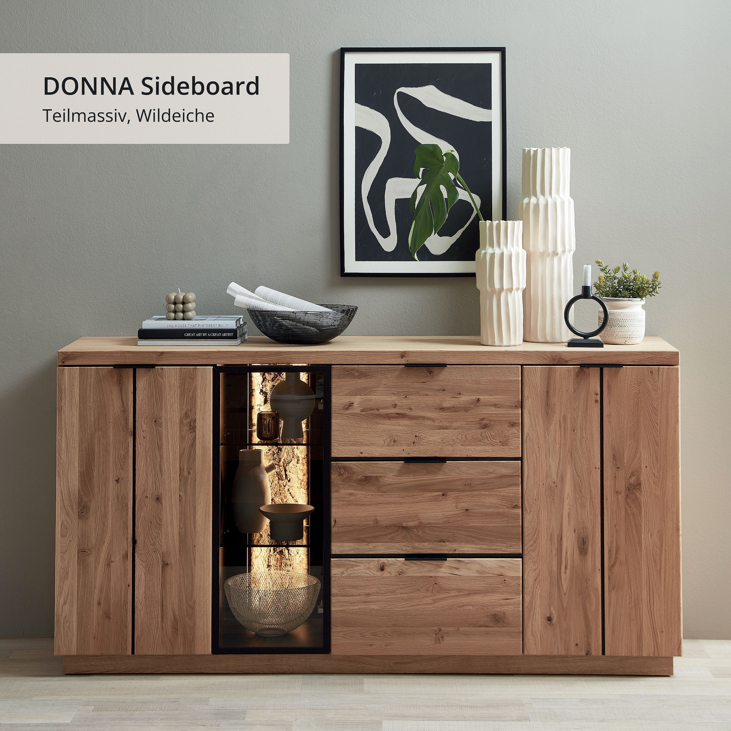 Wohnconcept Buffet »Donna Sideborad, 180x93x48 (BxHxT)« 1 cuis tlg. Beleuchtung optional bestellbar, 3 türig, 3 Schubkasten, Softclose