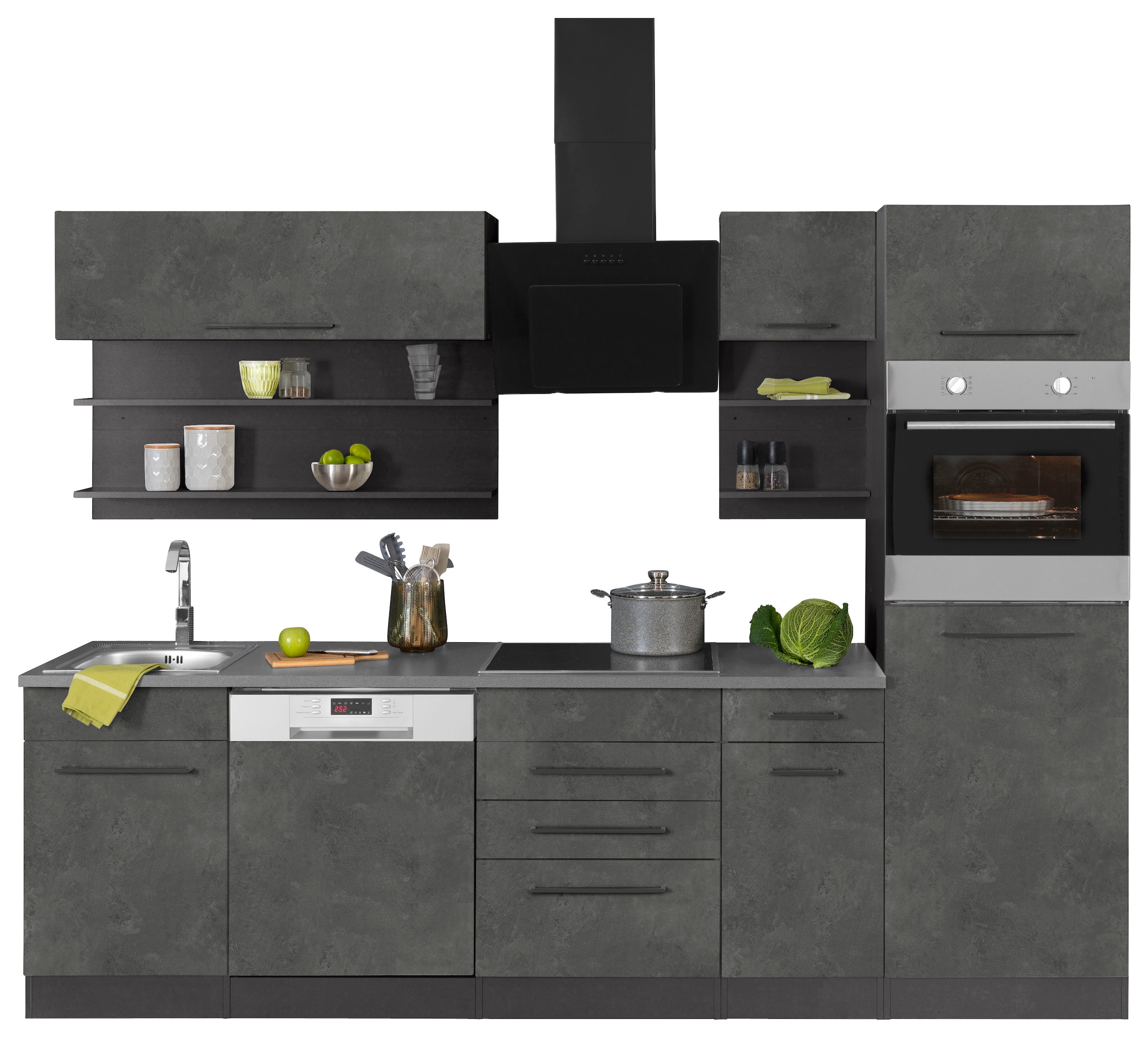KOCHSTATION Küchenzeile »KS-Tulsa« ohne E-Geräte, Breite 270 cm, schwarze Metallgriffe, MDF Fronten