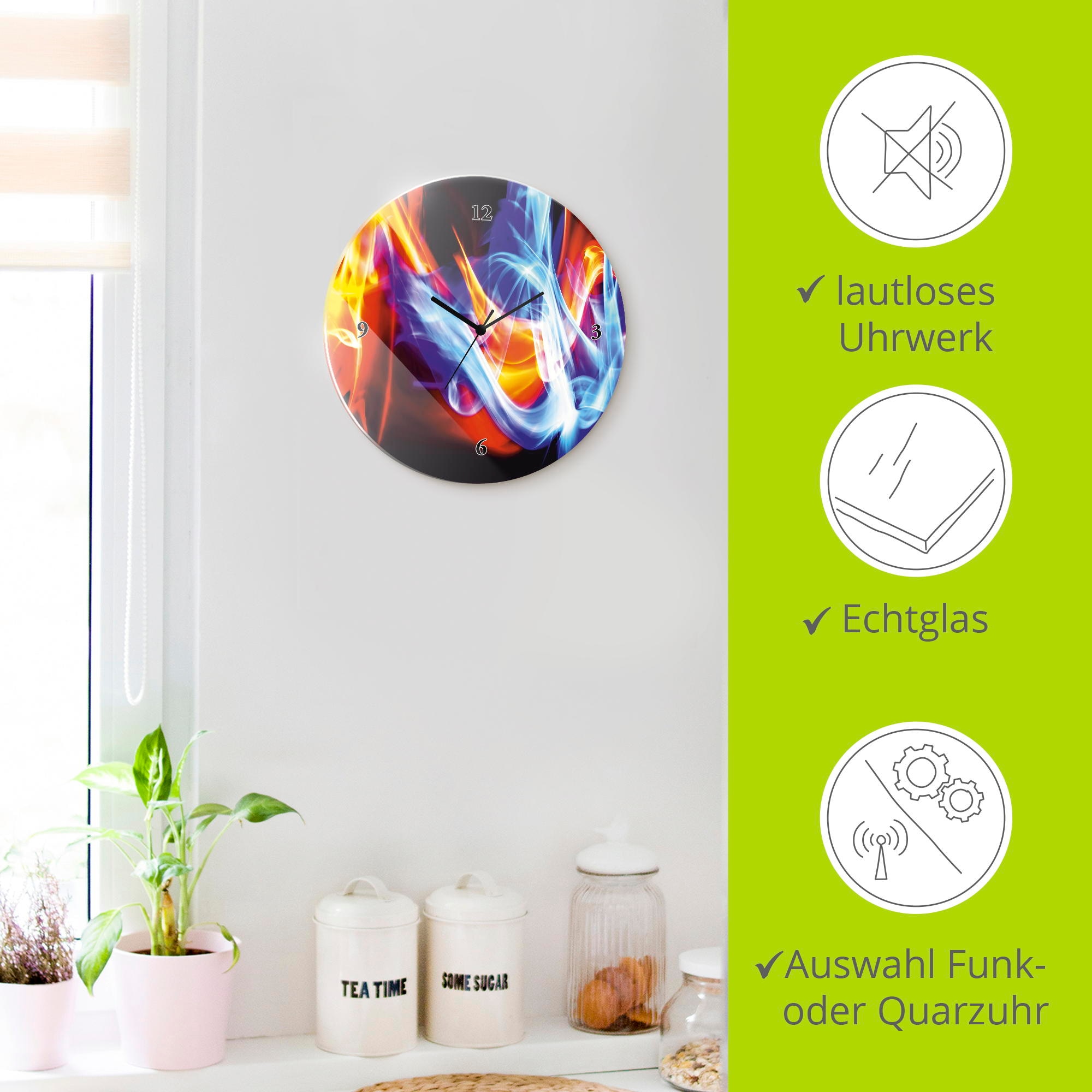 Artland Horloge murale »Glasuhr rund Feuer und Eis« wahlweise mit Quarz- oder Funkuhrwerk, lautlos ohne Tickgeräusche