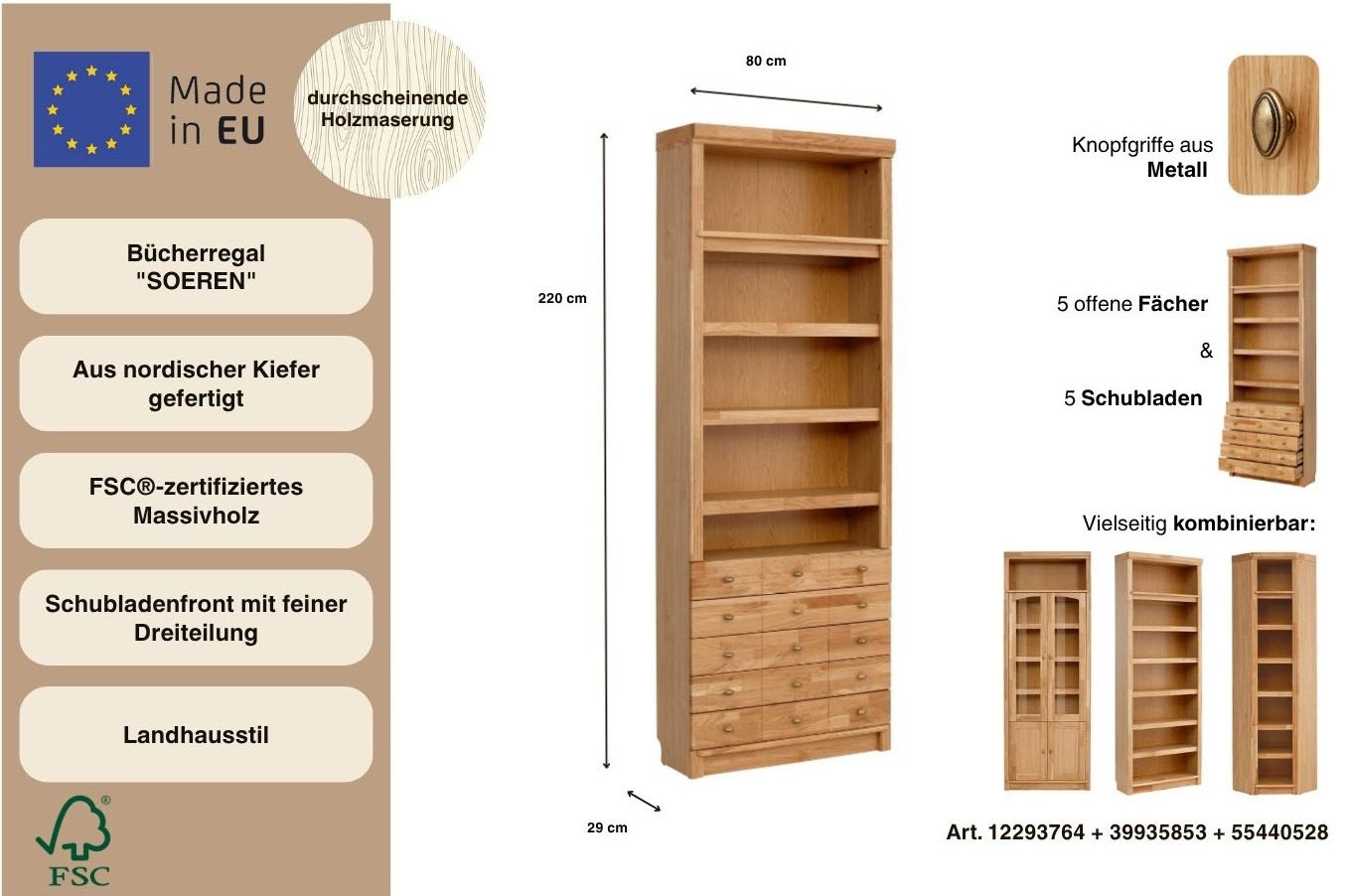 Home affaire Étagère à livres »Soeren« aus massiver Kiefer, Tiefe 29 cm, Höhe 220 cm,  FSC®