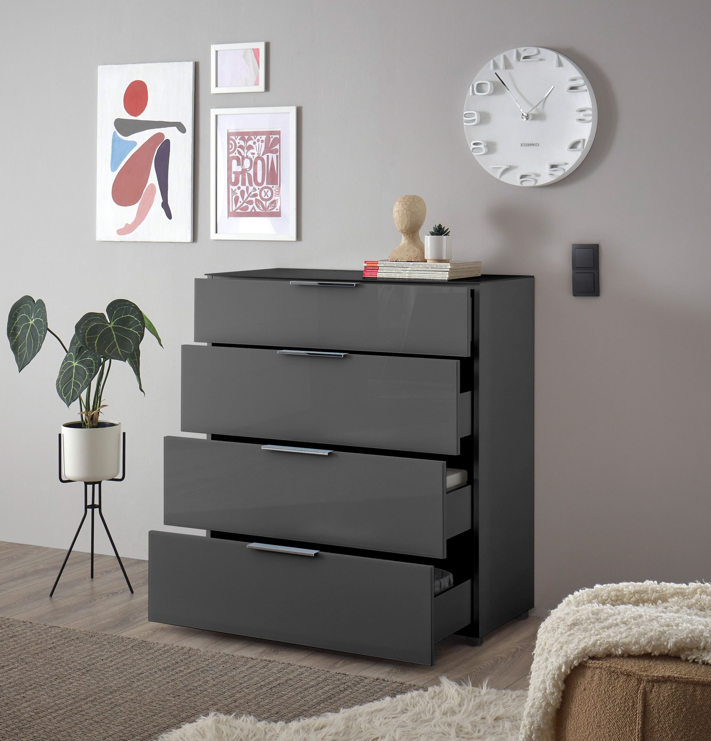HBZ Kommode »Santorin Mehrzweckschrank mit Schubkästen, BxHxT 90x99x40 cm« 1 Stk. tlg. Mit 4 Schubkästen mit Softclose, Glasfront und Glasoberboden