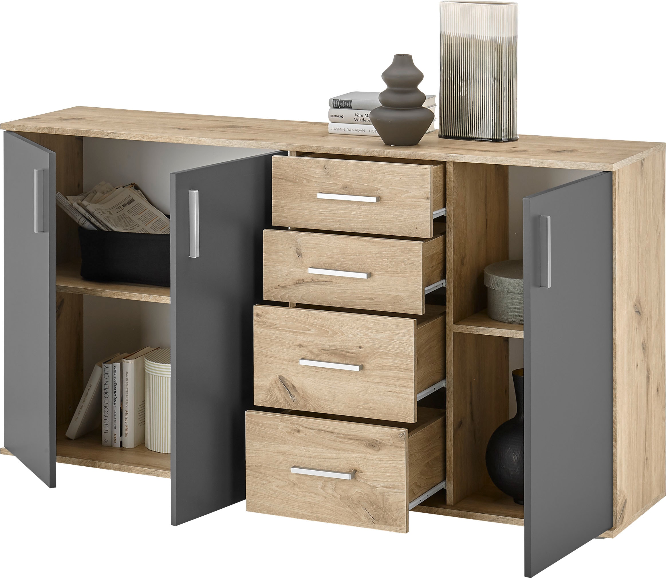 HBZ Commode »BC-Drift-2, Sideboard Stellmass BxHxT 160x84x35 cm« 1 cuis tlg. Sideboard mit 3 Türen und 4 Schubkästen, 2 Einlegeböden