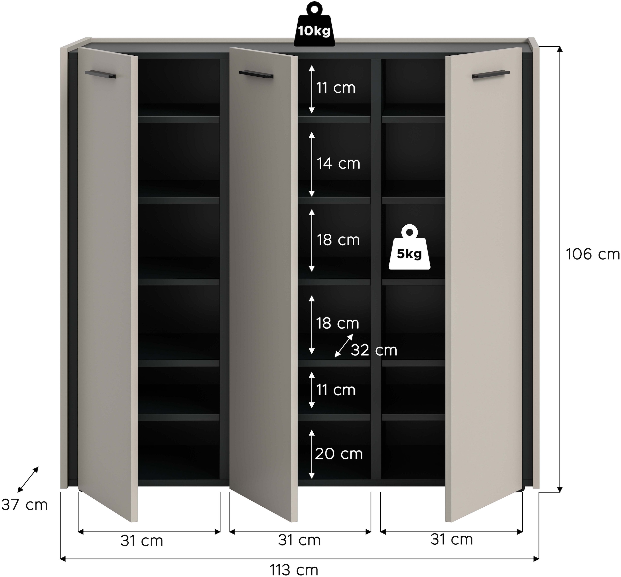Home affaire Schuhkommode »RAK, Breite 113 cm, viel Stauraum, 2 Türen, 18 Fächer, 15 Fachböden« bietet Platz für ca. 54 Schuhe,  Kommode, Schuhschrank, Garderobenschrank, Schrank, Flurschrank