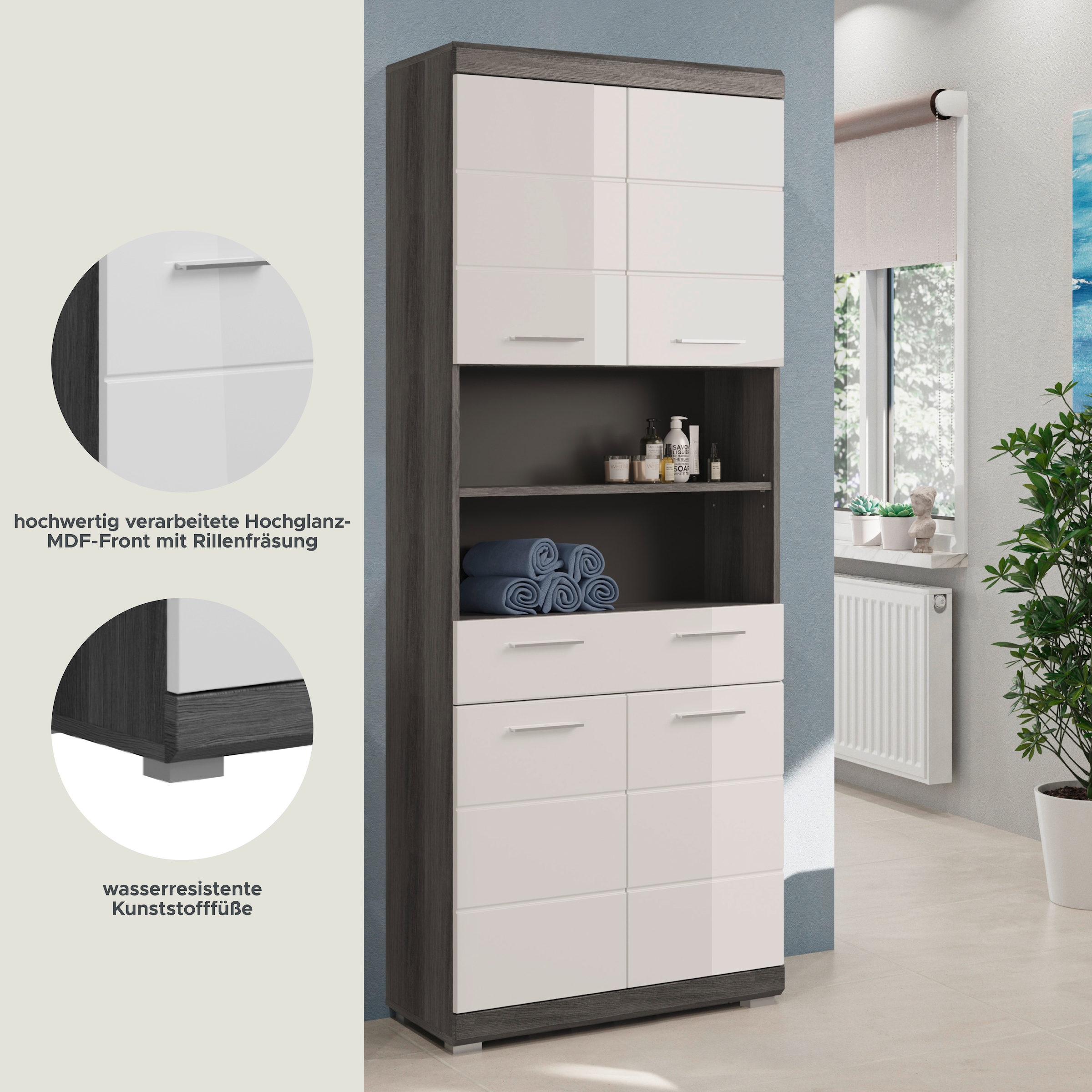 welltime Armoire haute »SIENA, Breite 74cm, 4 Türen, 1 Schubkasten, 2 offene Fächer, MDF-Front« TOPSELLER!,  in verschiedenen Farben erhältlich, Badmöbel, Badschrank, Schrank, Bad