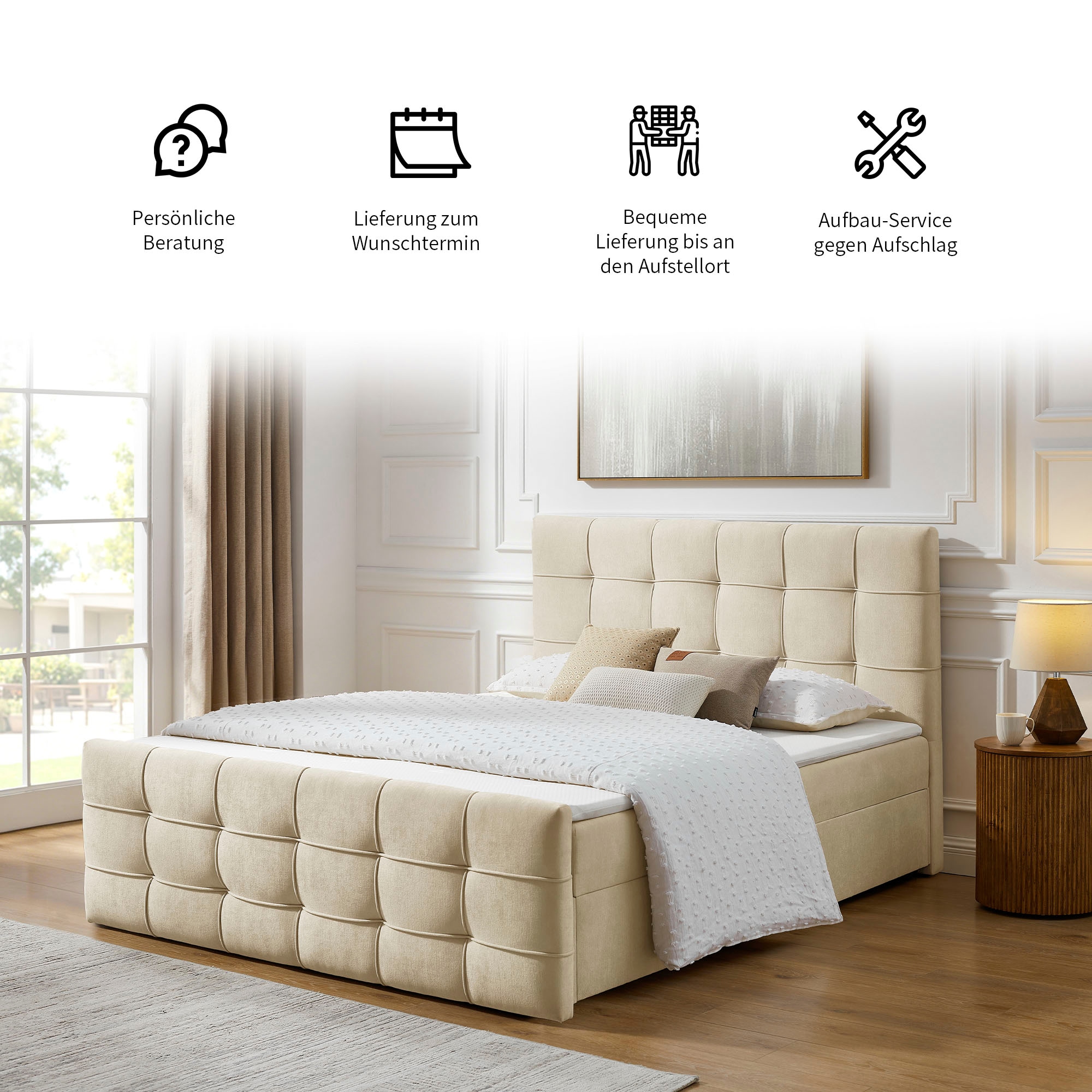 GOODproduct Lit de boxe »LILIENNE, Polsterbett mit Bettkasten und Taschenfederkernmatratze H3« avec surmatelas en mousse froide, revêtement en chenille, 160x200 & 180x200 cm