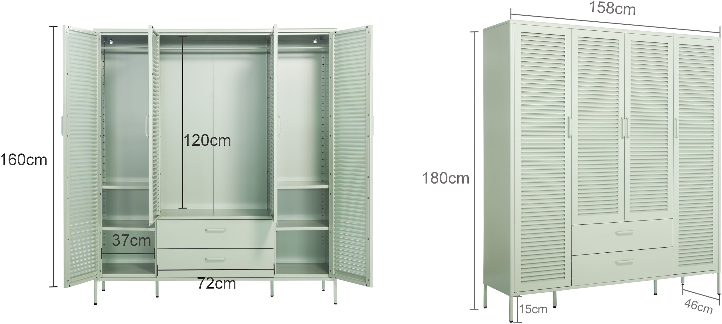 GOODproduct Kleiderschrank »GERRON Kleiderschrank Metallschrank Spind« Schlafzimmerschrank, 4 Türen & Schubladen, grün salbei, Breite 158cm