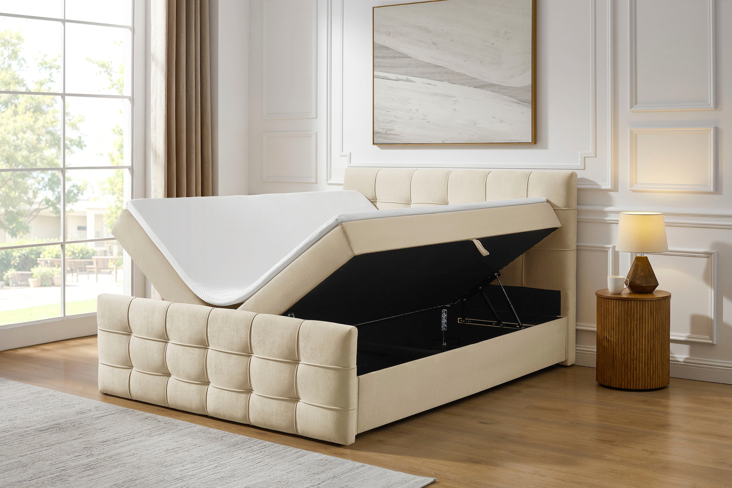 GOODproduct Lit de boxe »LILIENNE, Polsterbett mit Bettkasten und Taschenfederkernmatratze H3« avec surmatelas en mousse froide, revêtement en chenille, 160x200 & 180x200 cm