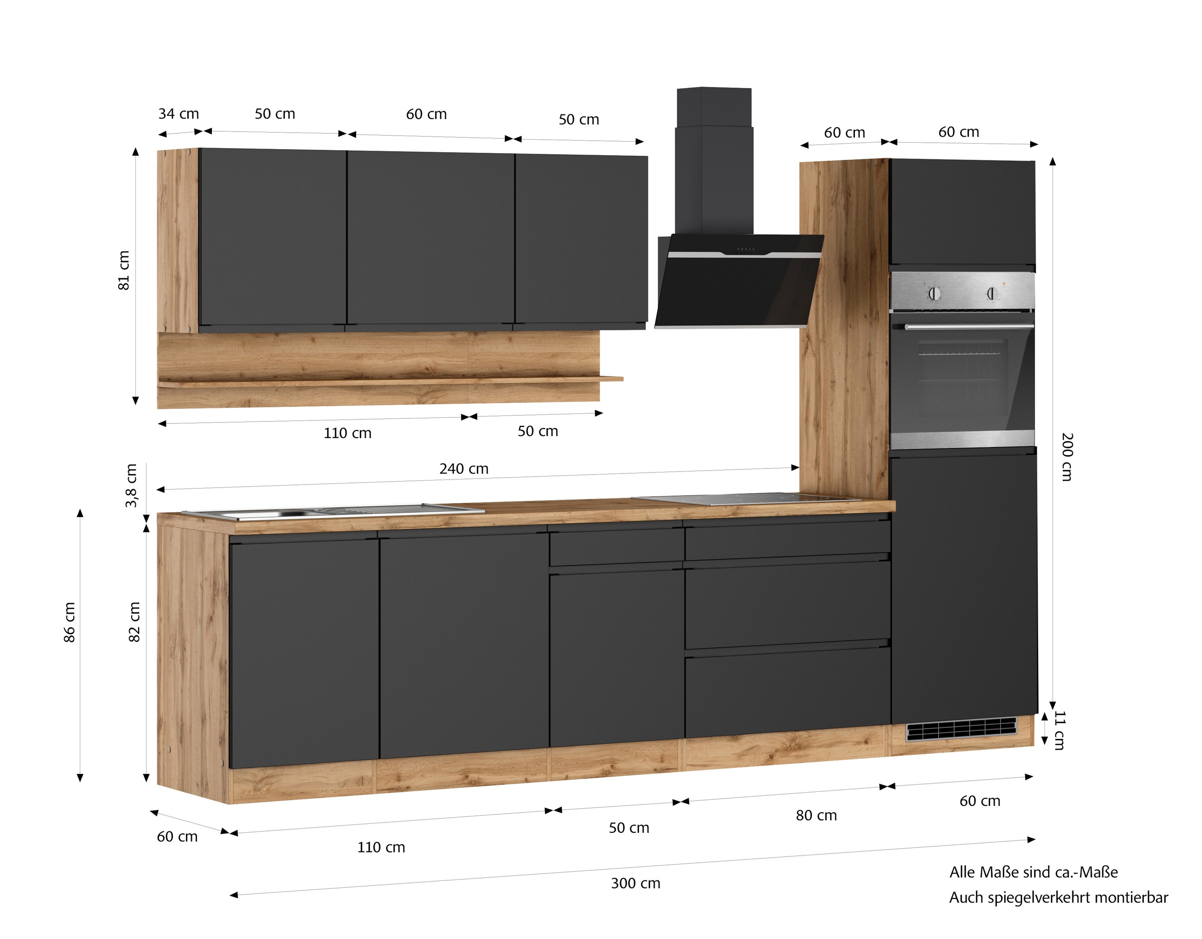 KOCHSTATION Kitchenette »KS-Virginia,neu in verbesserter Ausführung« plan de travail épaisseur 38 mm, rangement, fermeture douce,  largeur 300 cm, fermeture douce, avec appareils électriques en option
