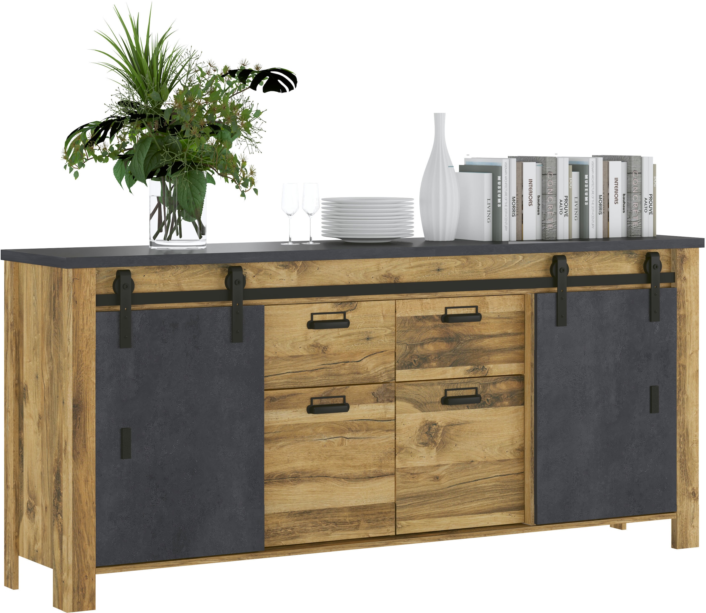 Home affaire Sideboard »York, moderner Schrank, Kommode in Hunton Oak Dekor, Industrialdesign« mit Scheunentorbeschlägen & Apothekergriffen aus Metall, 201 cm breit