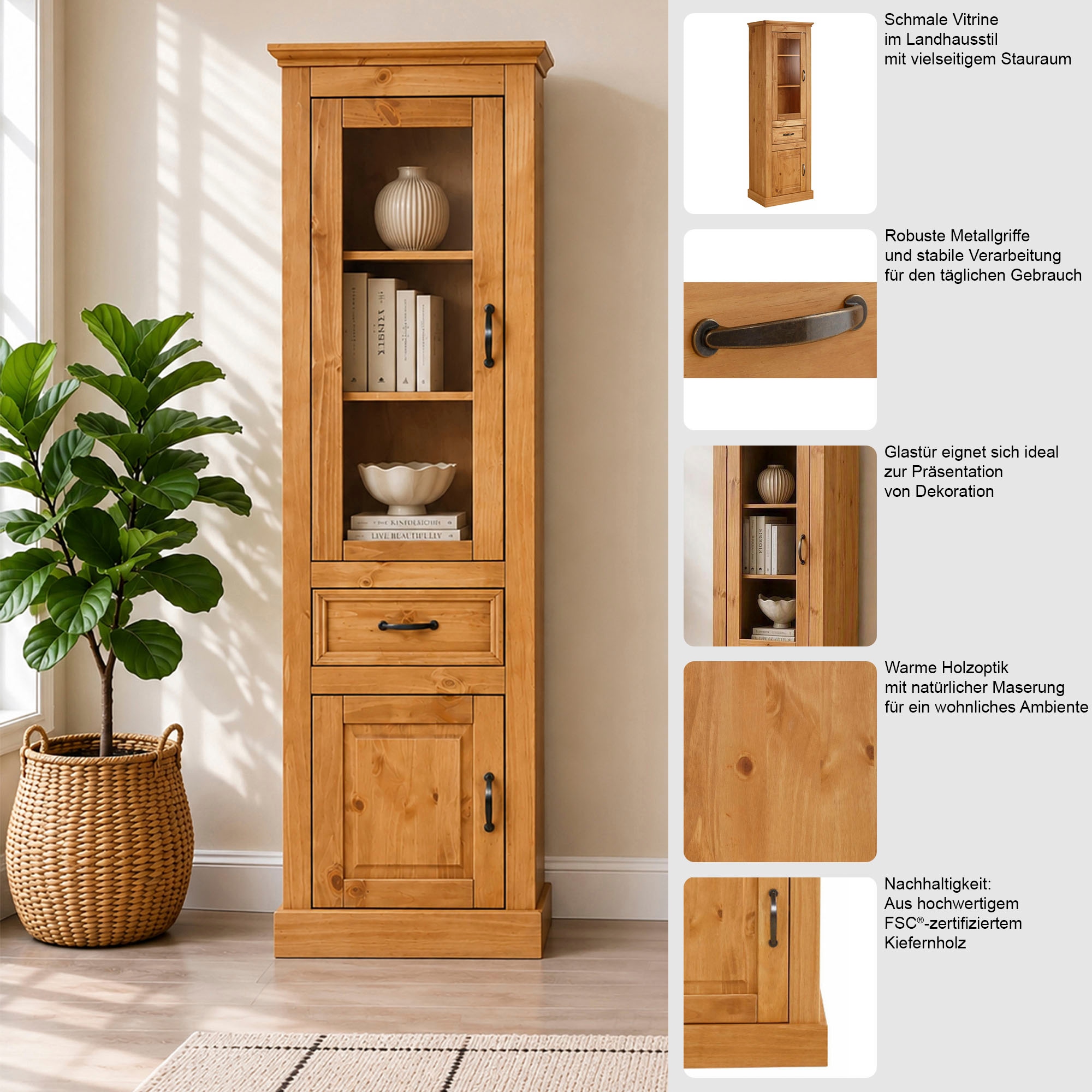 GOODproduct Vitrine »Selma Hochschrank, 2 Türen, eine davon mit Glaseinsatz und 1 Schublade« Höhe 180 cm