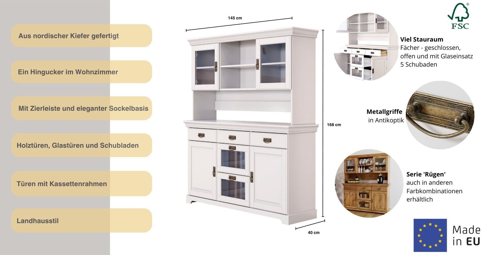 Home affaire Buffet »Rügen« FSC® zertifiziertes Massivholz, im Landhausstil