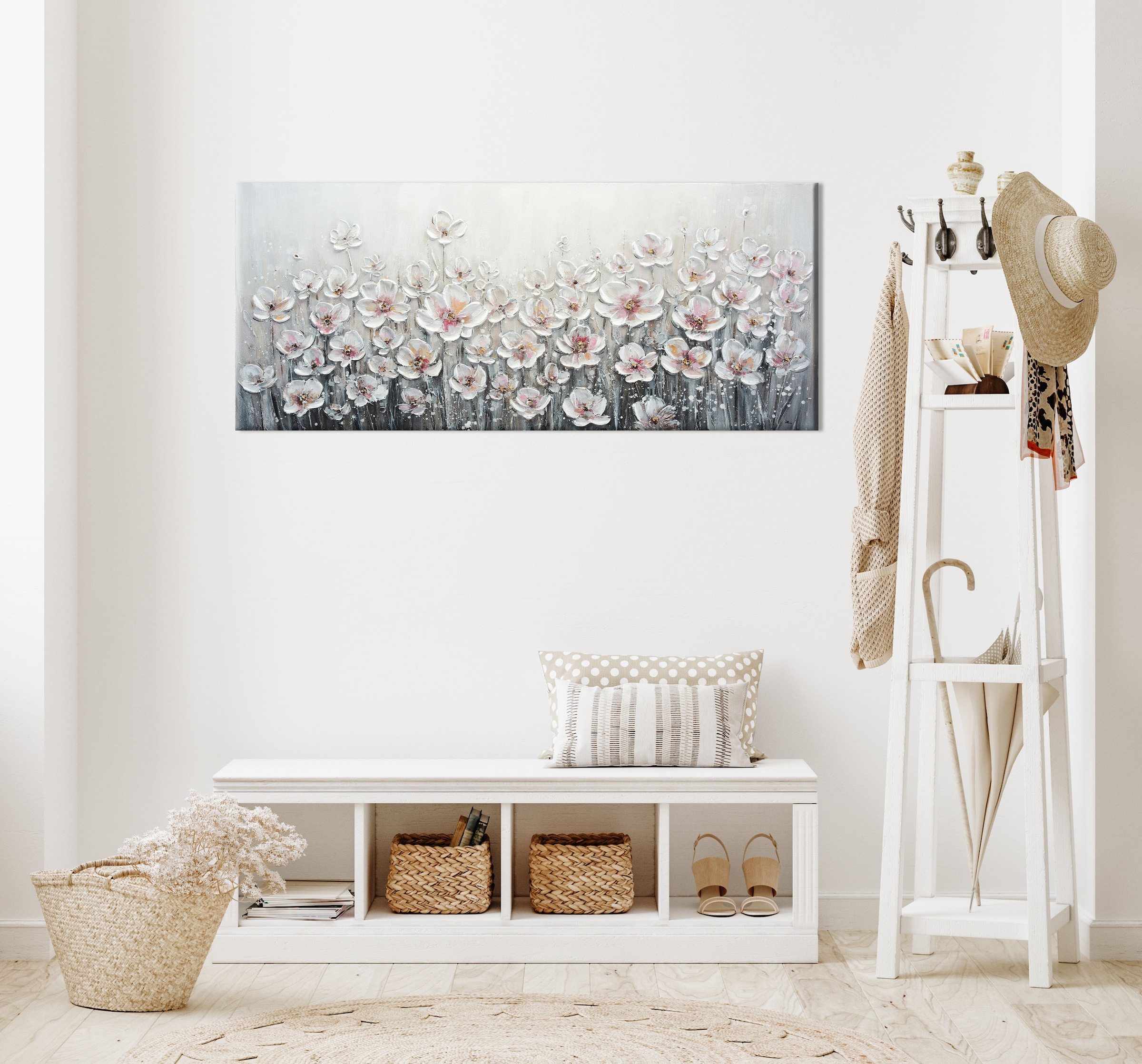 Bönninghoff Peinture à l'huile »handarbeit WEISSE BLUMEN XXL 60x140 cm – Wandbild Kunst Deko« Art | Fleurs | Images de fleurs | Plantes | Tableau 1 cuis tlg. fabriqué à la main, chaque image est unique