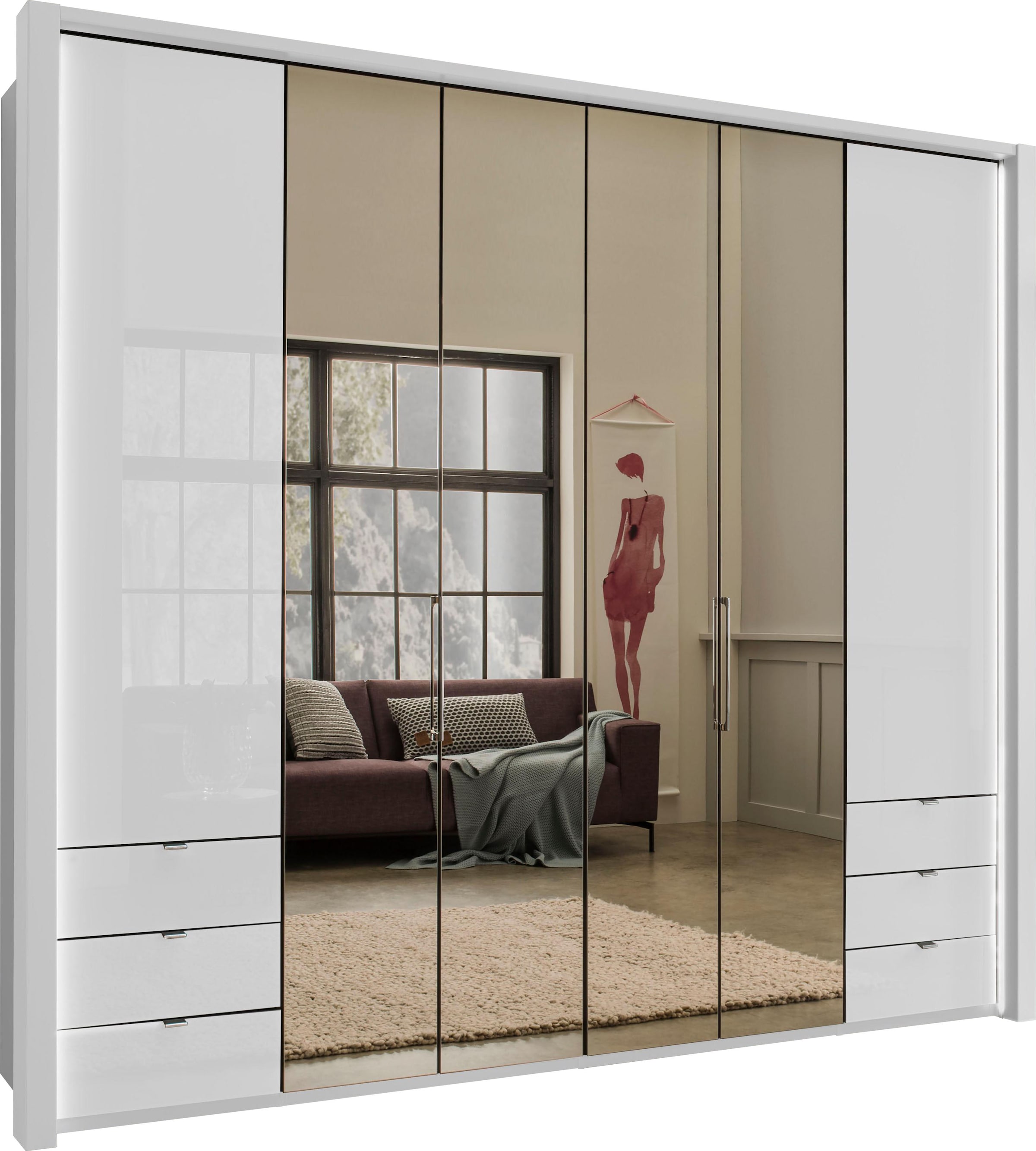 WIEMANN Falttürenschrank »Kansas, Kleiderschrank, Schrank, Wäscheschrank, mit Glas und Spiegel« 2 Breiten, MADE IN GERMANY,  inkl. gepämpften Schubkästen und Türen, mit Panoramaöffnung