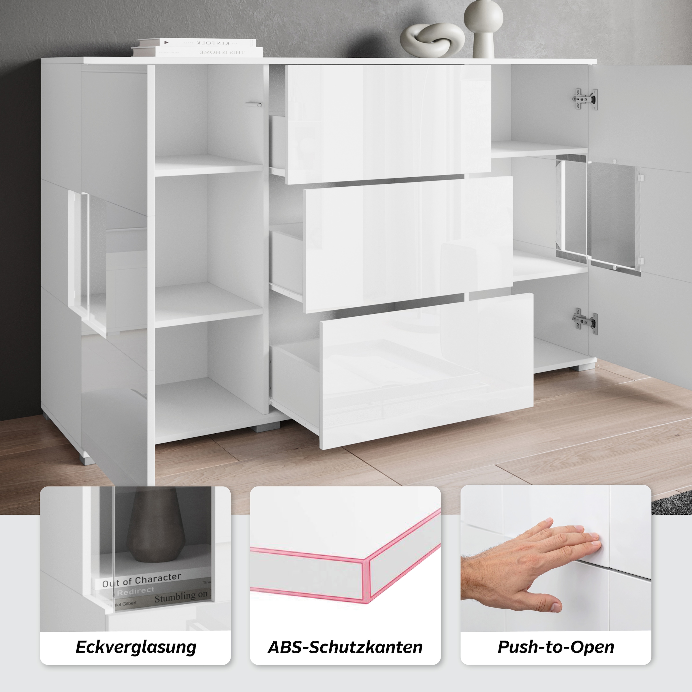 GOODproduct Buffet »Kenia« 1 cuis tlg. Buffet avec 3 tiroirs, 6 compartiments, portes en verre, largeur 150 cm