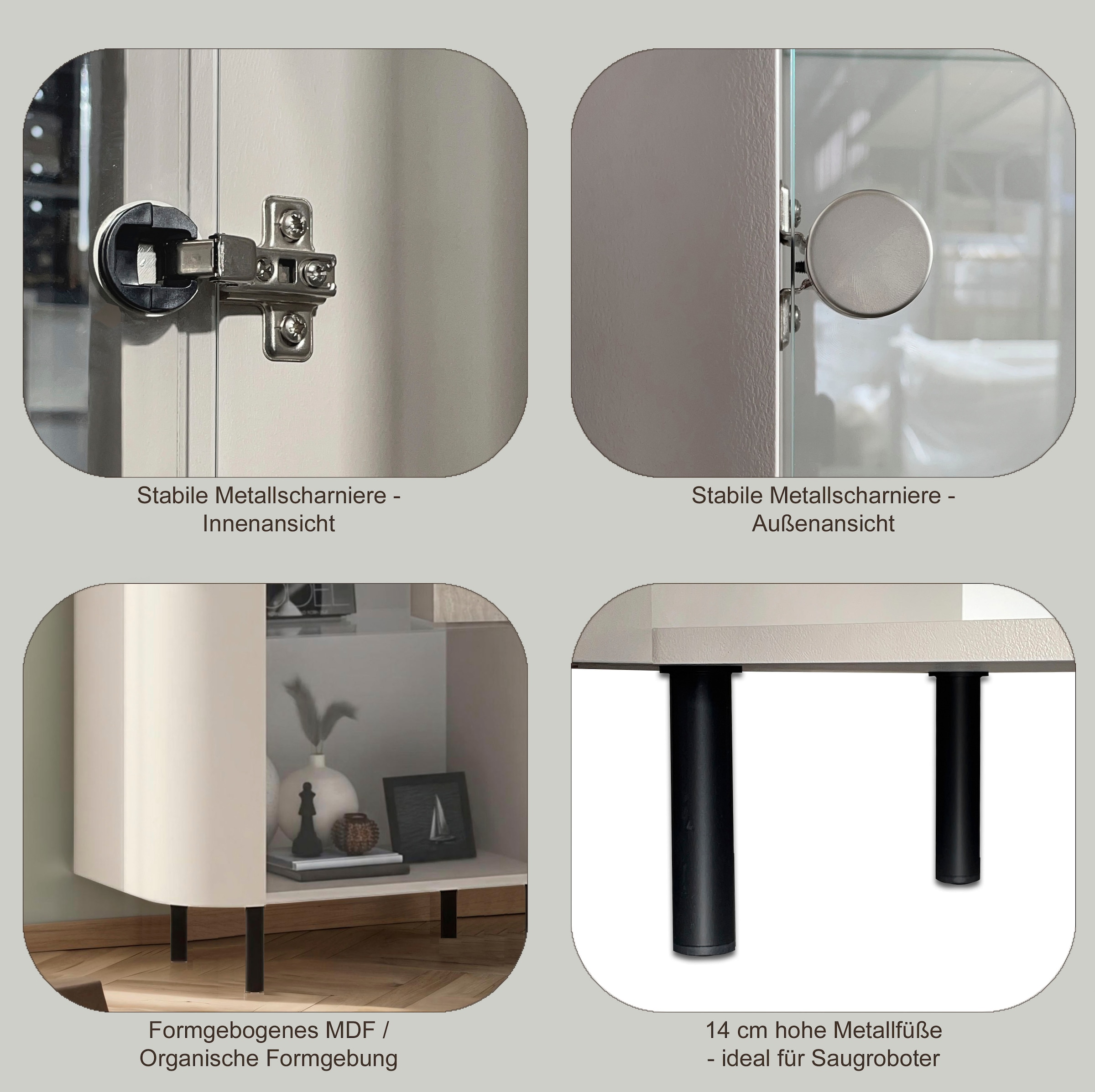 GOODproduct Vitrine »Lido, Standvitrine 200 cm hoch, 1 Tür, Glasvitrine, Vitrinenschrank« Gebogenes MDF, Stirnseiten mit Rundung, Metallfüsse, dekorativ & edel