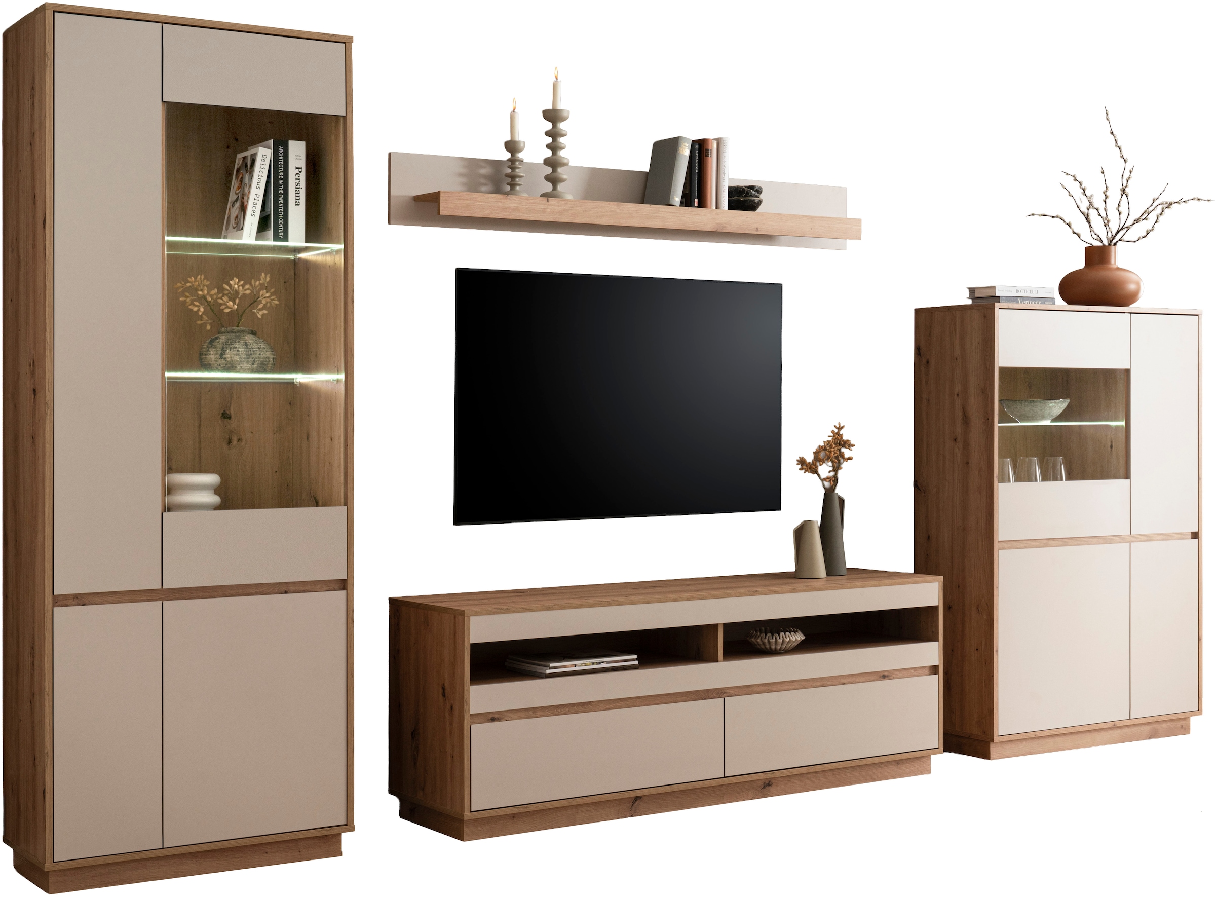 Home affaire Meuble mural »Sonora, moderne Anbauwand, Komplettset in Kaschmir/Eiche« Komplett-Set, 4 cuis tlg.