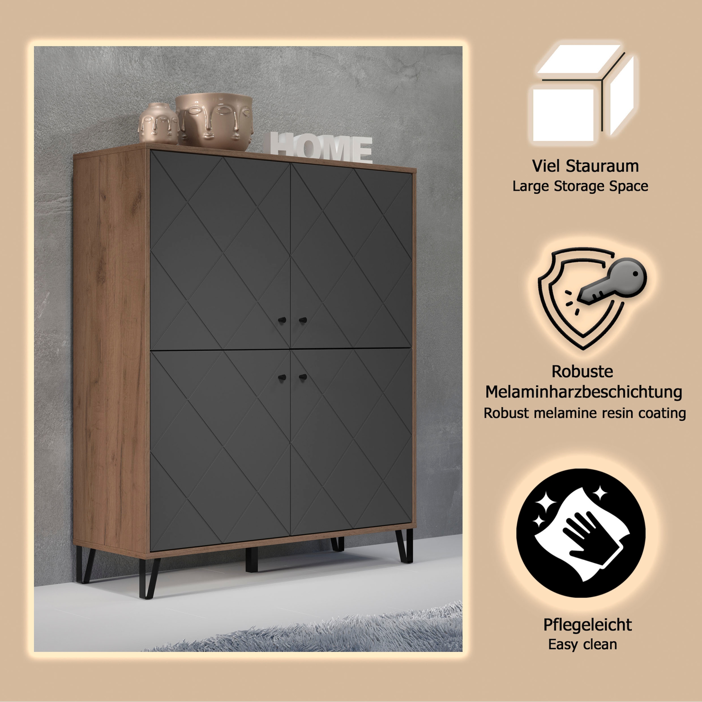 Home affaire Buffet haut »Molveno« 1 cuis tlg. Highboard mit 4 Türen & Soft-Close - (B/T/H) 123/40/136 cm