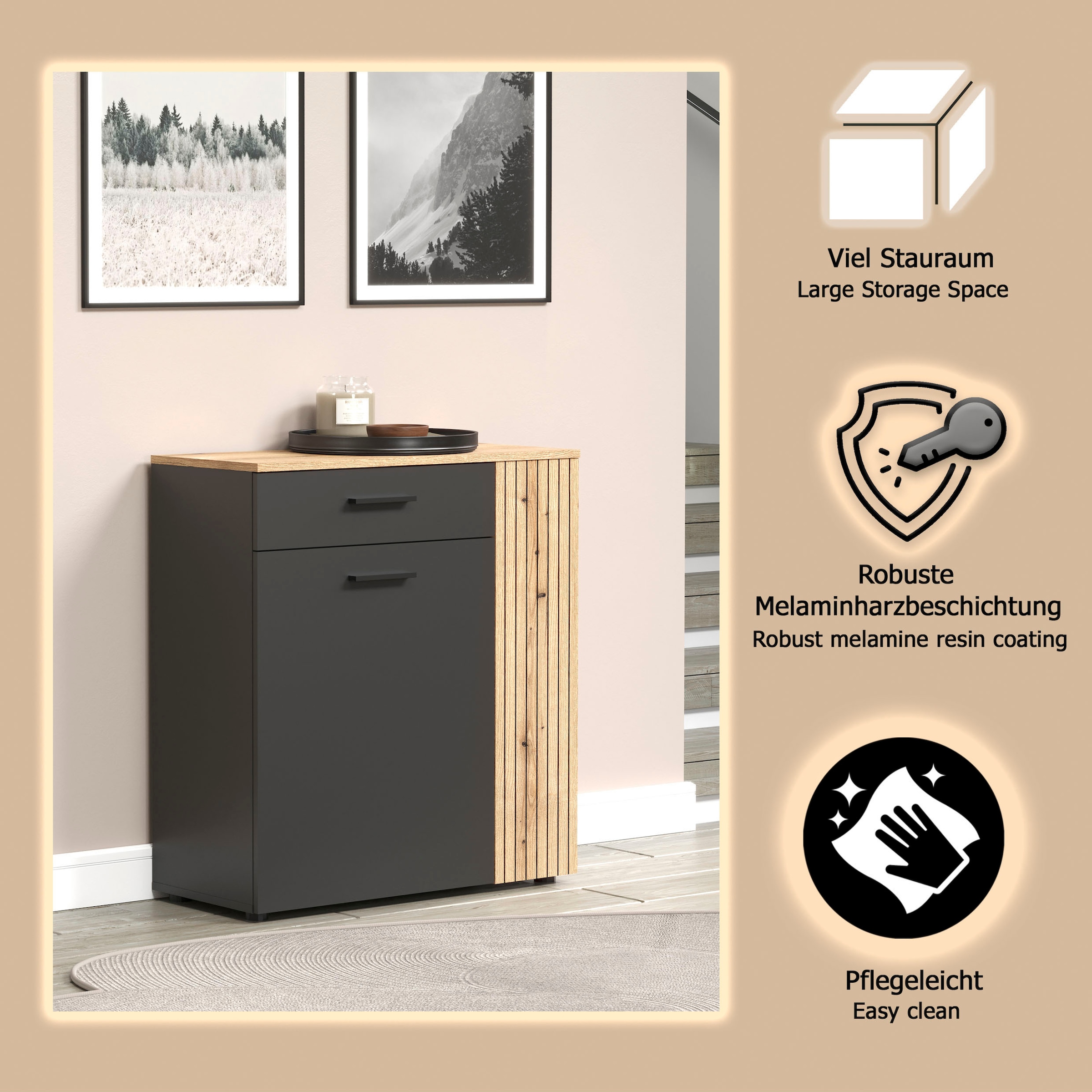 Home affaire Schuhschrank »Estepona« 1 Stk. tlg. Schuhkommode mit 2 Türen und Schubkasten – (B/T/H) 80/36/88 cm