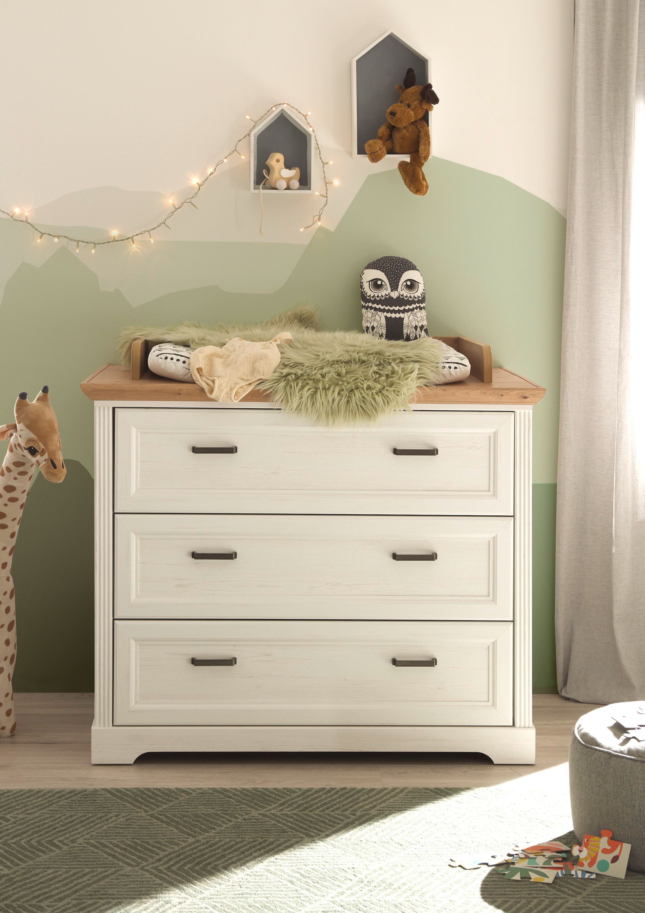 Begabino Commode à langer »Jasmin Kommode mit Wickelaufsatz« bis 15 kilos style campagne, commode avec 3 tiroirs 114 cm