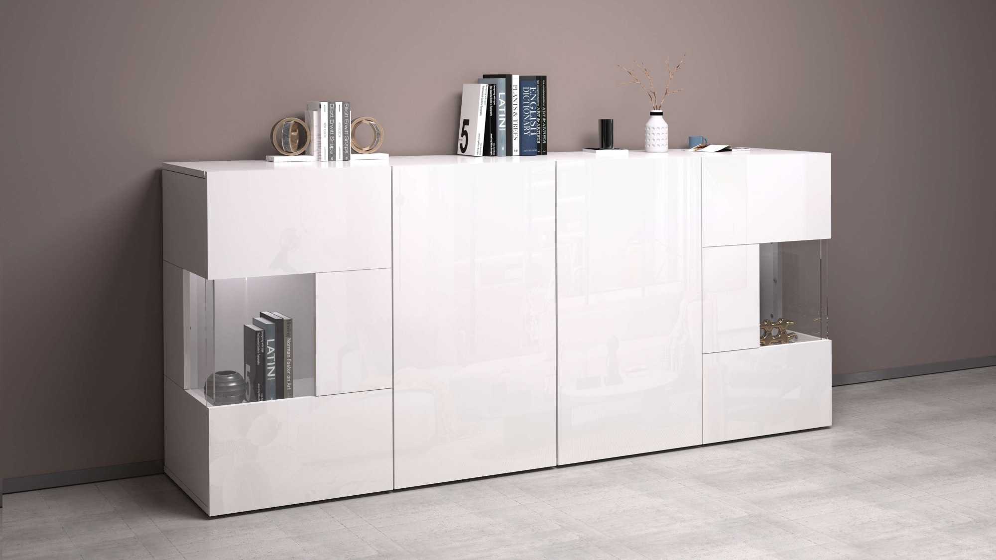 GOODproduct Sideboard »Egypt, Kommode, Schrank, Kredenz, Vitrine grifflos« 4 Türen davon 2 mit Glaseinsatz, kompl. Hochglanz lackiert, Breite 180